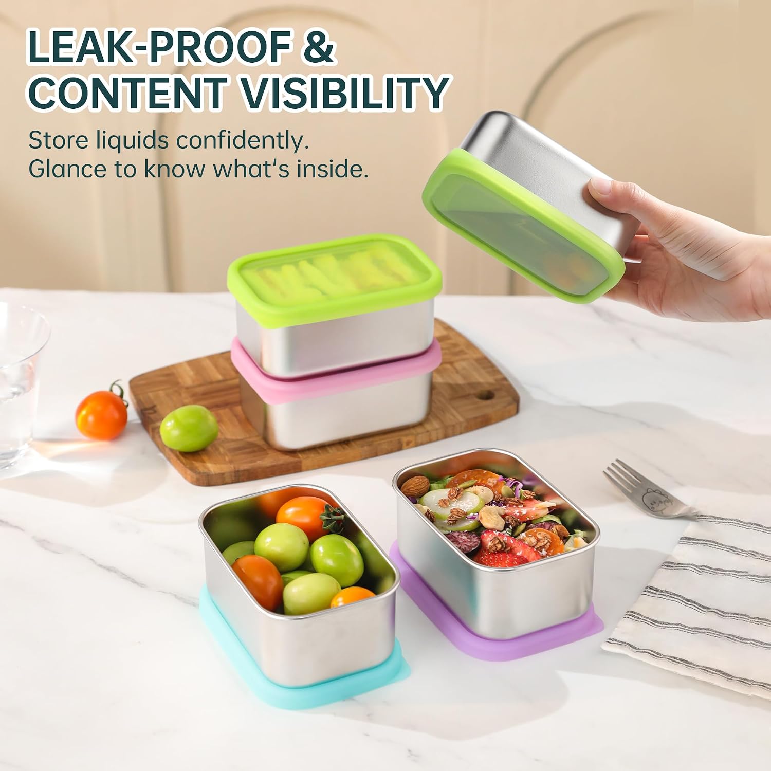 Stainless Steel Snack Containers Food Storage Container with Silicone Lid - Perfect 304 Metal Easy Open Lunch Box for Daycare PerfectTravel Leak Proof (Pink, purple, blue, green)
