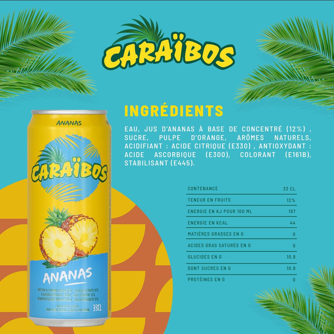 Caraïbos Boisson Saveur Ananas, Canette 33cl, Lot de 24