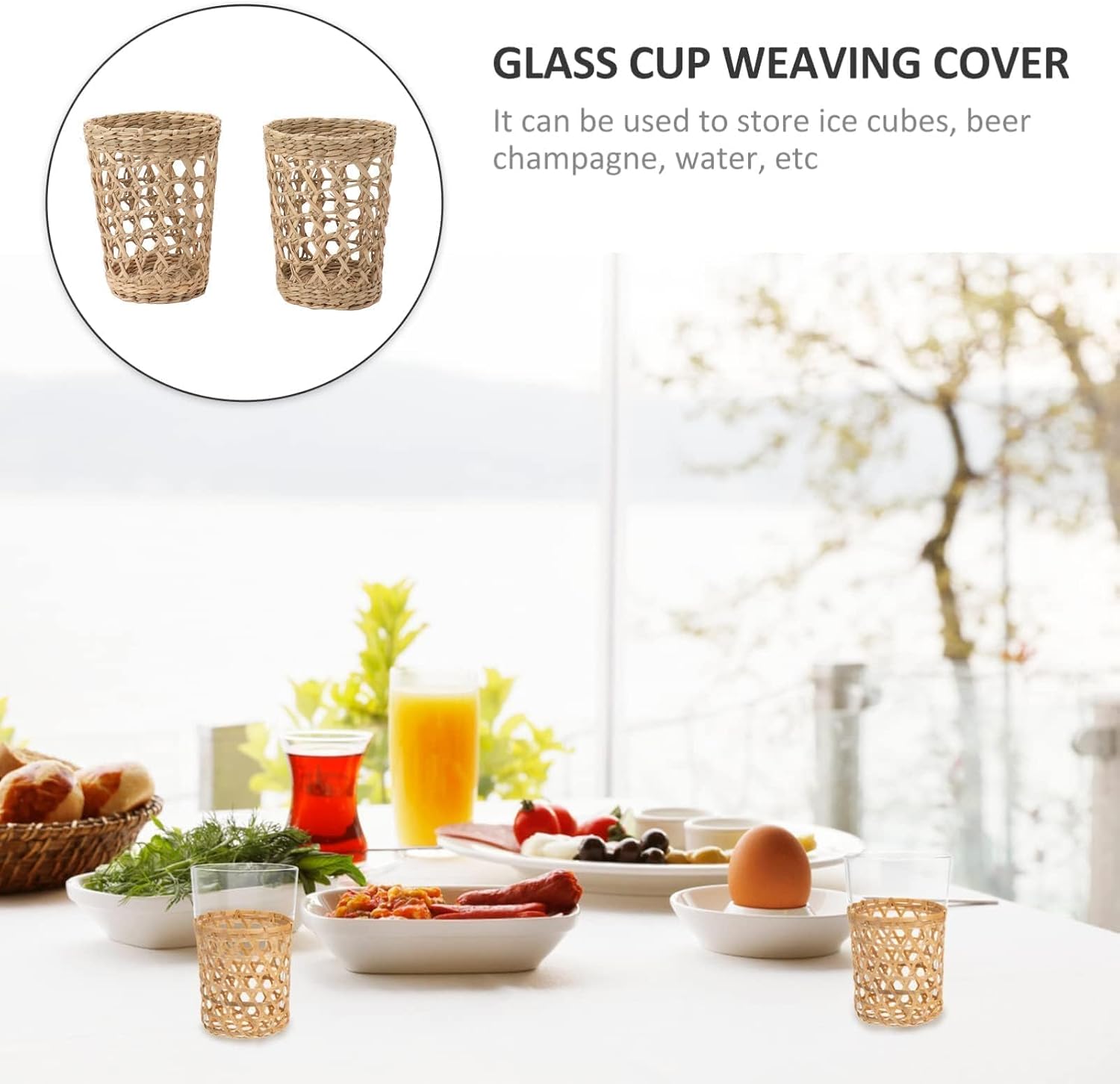 6PCS Hollow Straw Woven Cup Sleeve, Protective Covers Wicker Woven Cup Holders for Glass Bottles Plastic Cups Mug