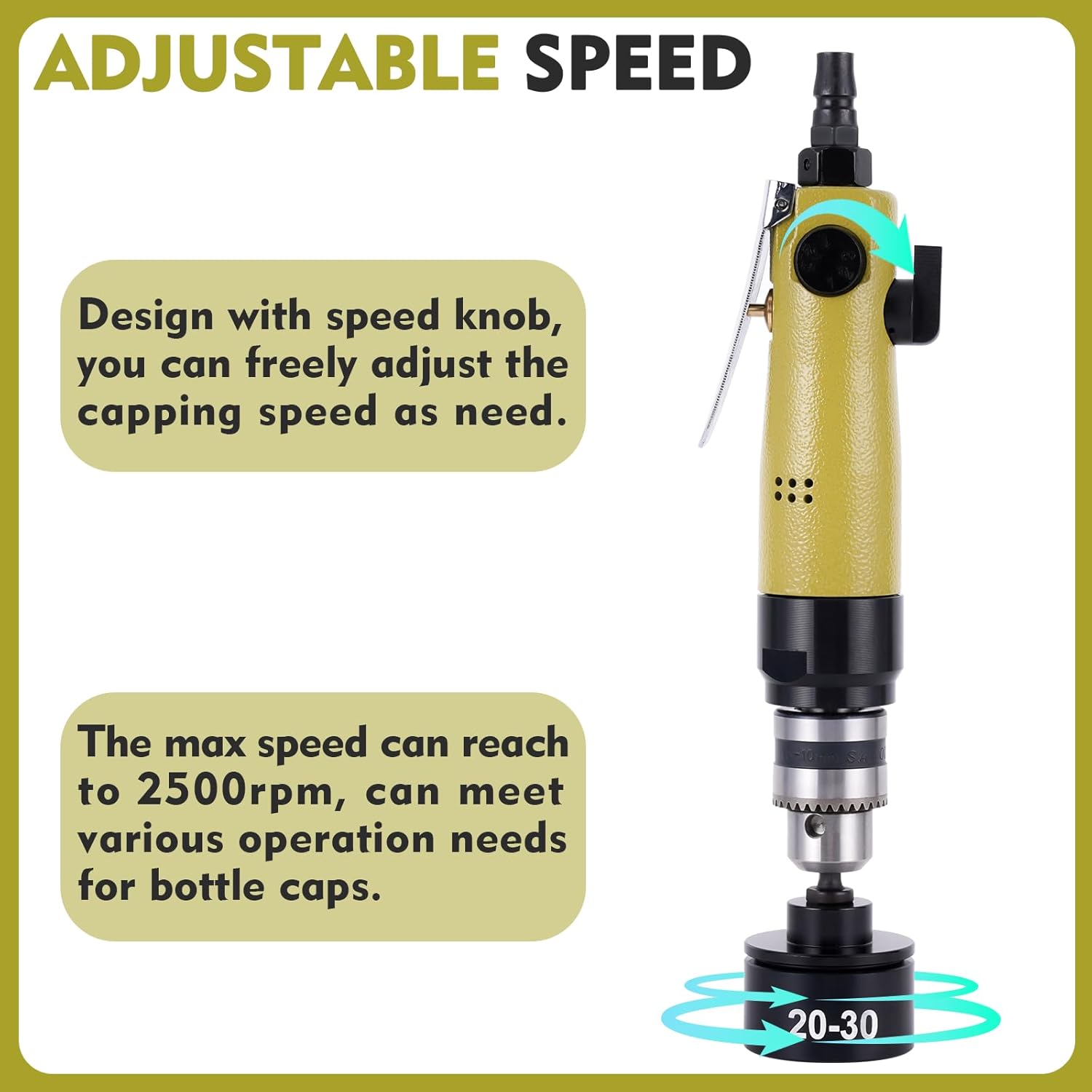 Pneumatic Bottle Capper Handheld Bottle Capping Sealing Machine Screwing Capping Tools 2500RPM for 20-40mm Plastic Bottle Caps