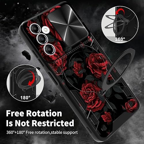 Vista 51 de Funda para Samsung Galaxy A13 5G con cubierta deslizante para lente de cámara y anillo giratorio de 360 grados, soporte híbrido de doble capa Flores