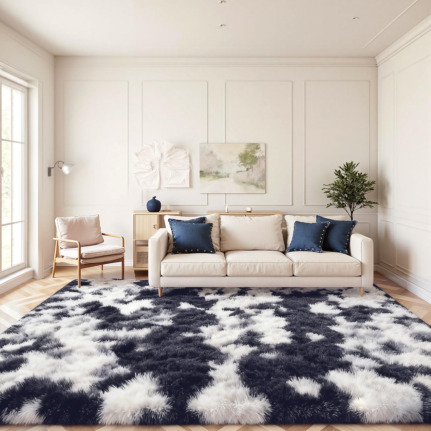 JOYARR Rugs Living Room, Large Area Carpet Fluffy Washable Soft Shaggy Anti Slip Modern Decor Tie Dye Mat for Bedroom Kids Nursery Room, Black White, 240x340 cm