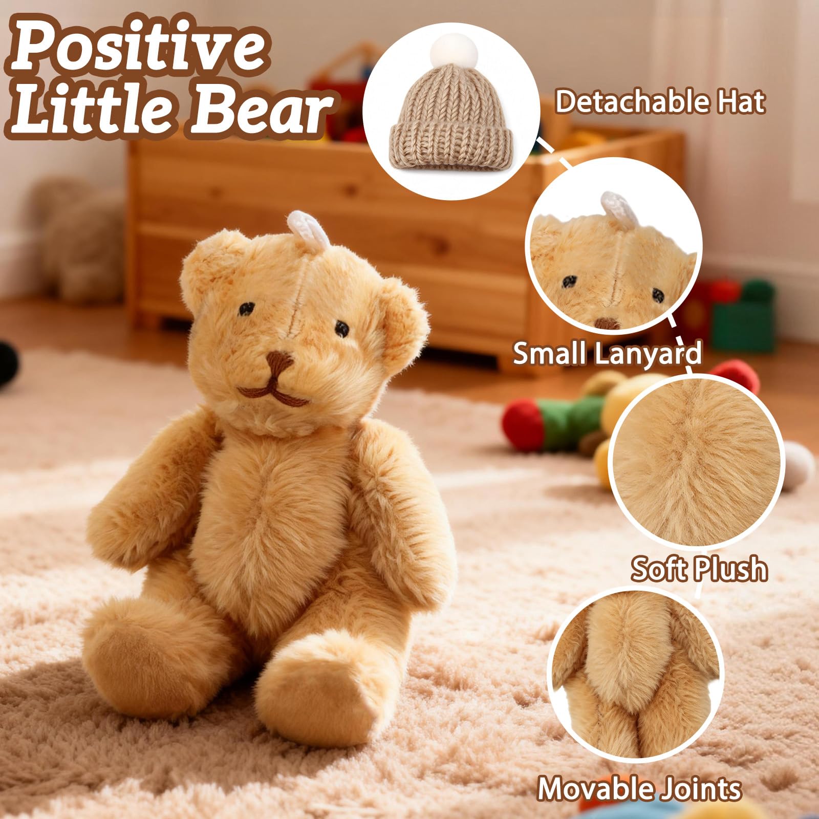 TUZELIYA Handmade Mini Worry Plush Bear in Box with Hat, Positive Little Plush Bear Set including LED Light Keychain Raffia - Image 4