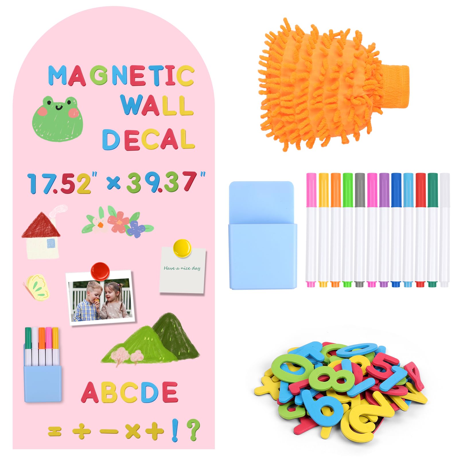 DiULi Tablica magnetyczna ścienna dla dzieci 44,5 x 100 cm, samoprzylepna tablica magnetyczna 2 w 1, kompletny zestaw z 12 markerami do kredy w płynie, do nauki i kreatywności, fioletowa