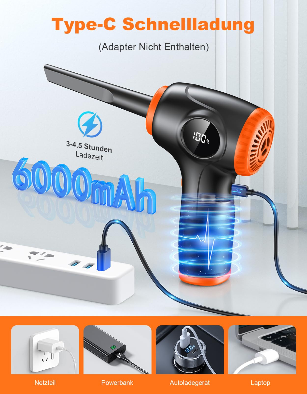 EOIWUY Elektrische Staubgebläse Druckluftspray, 3-Gang 90000 U/min PC Reinigungsset mit LED-Licht, Leistungsanzeige und 5 Austauschbare Düsen, 6000mAh Akku Air Duster für Reinigung Tastatur/Auto/Sofa