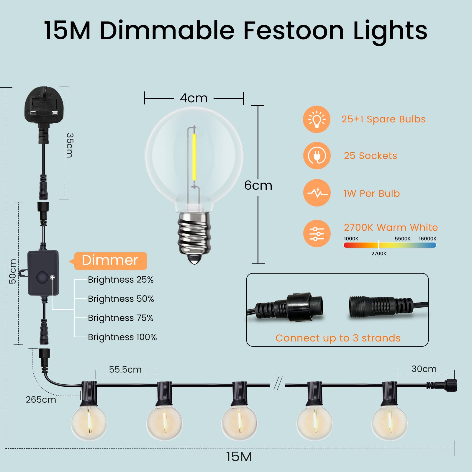 Guirnaldas Luces Exterior Regulable 15M, Guirnalda Luminosas con Control Remoto 25+1 G40 LED Bombillas, Cadena de Luz Impermeable para Garden, Jardín, Terraza