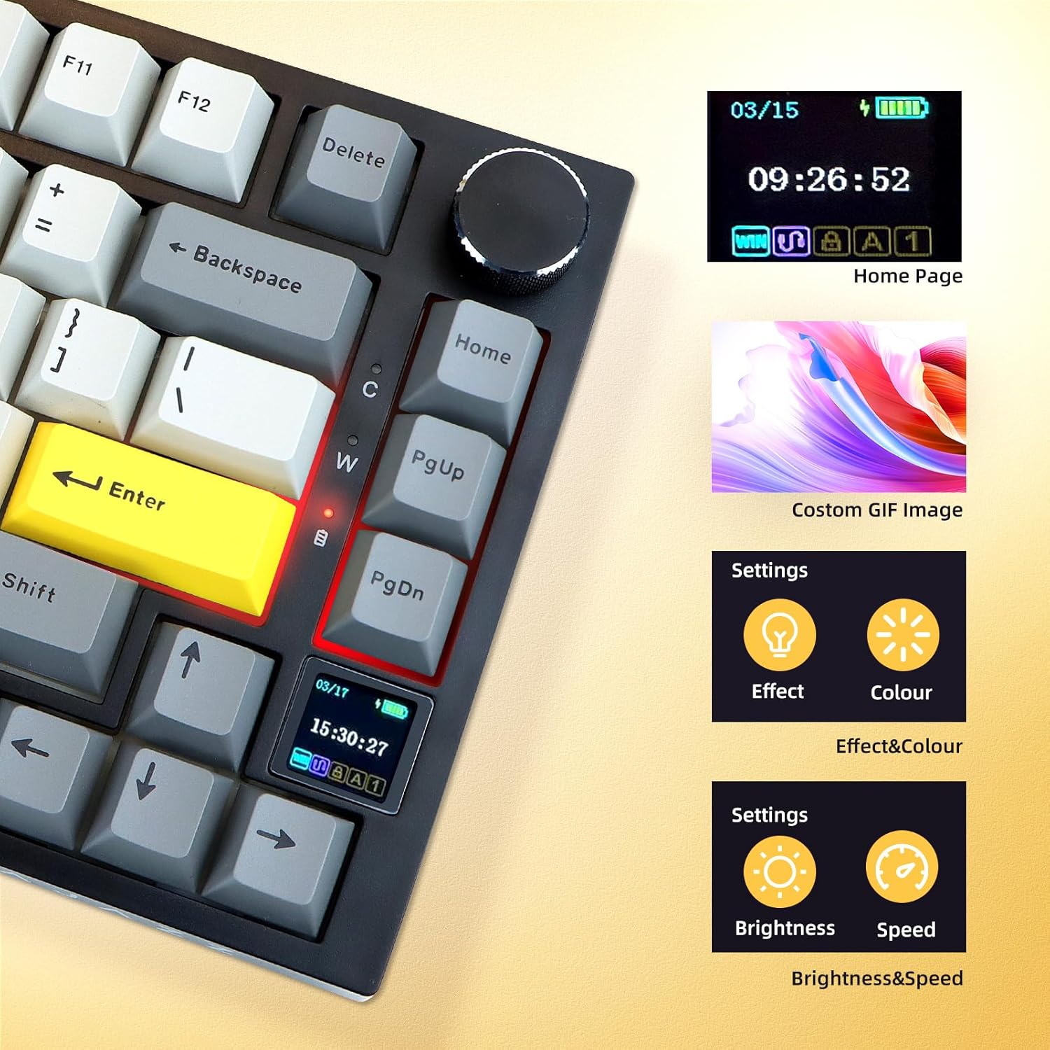 AJAZZ AK820 Pro 75% Gaming Keyboard, Triple Mode Connected RGB Backlit Mechanical Keyboard with TFT Smart Screen Display and Knob(Grey, Flying Fish Switch)
