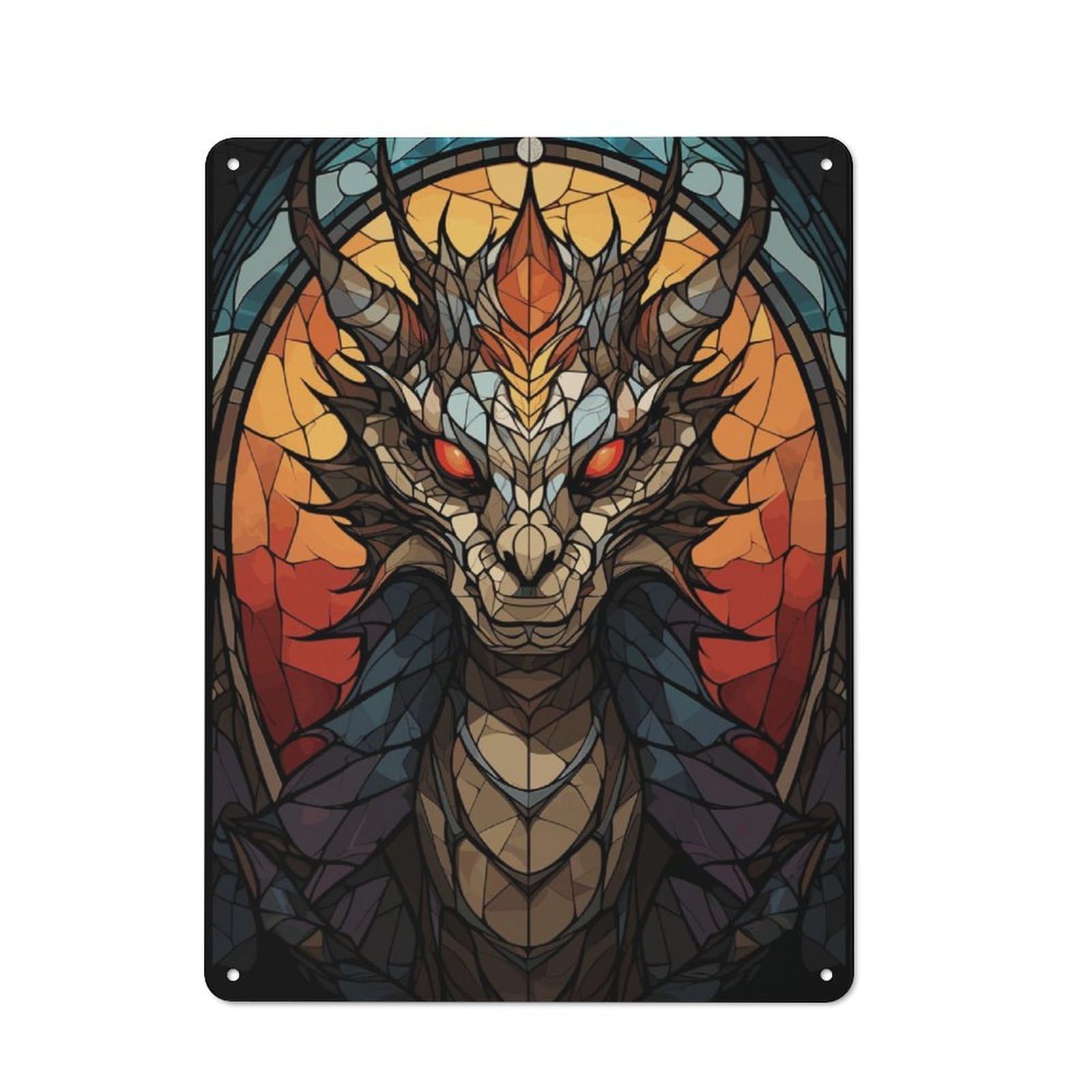 Junmoney Dragon Stained Glass Tin Wall Sign, Bright Printed Design, For Man Cave, Tool Wall Or Office Corner, 40X30cm