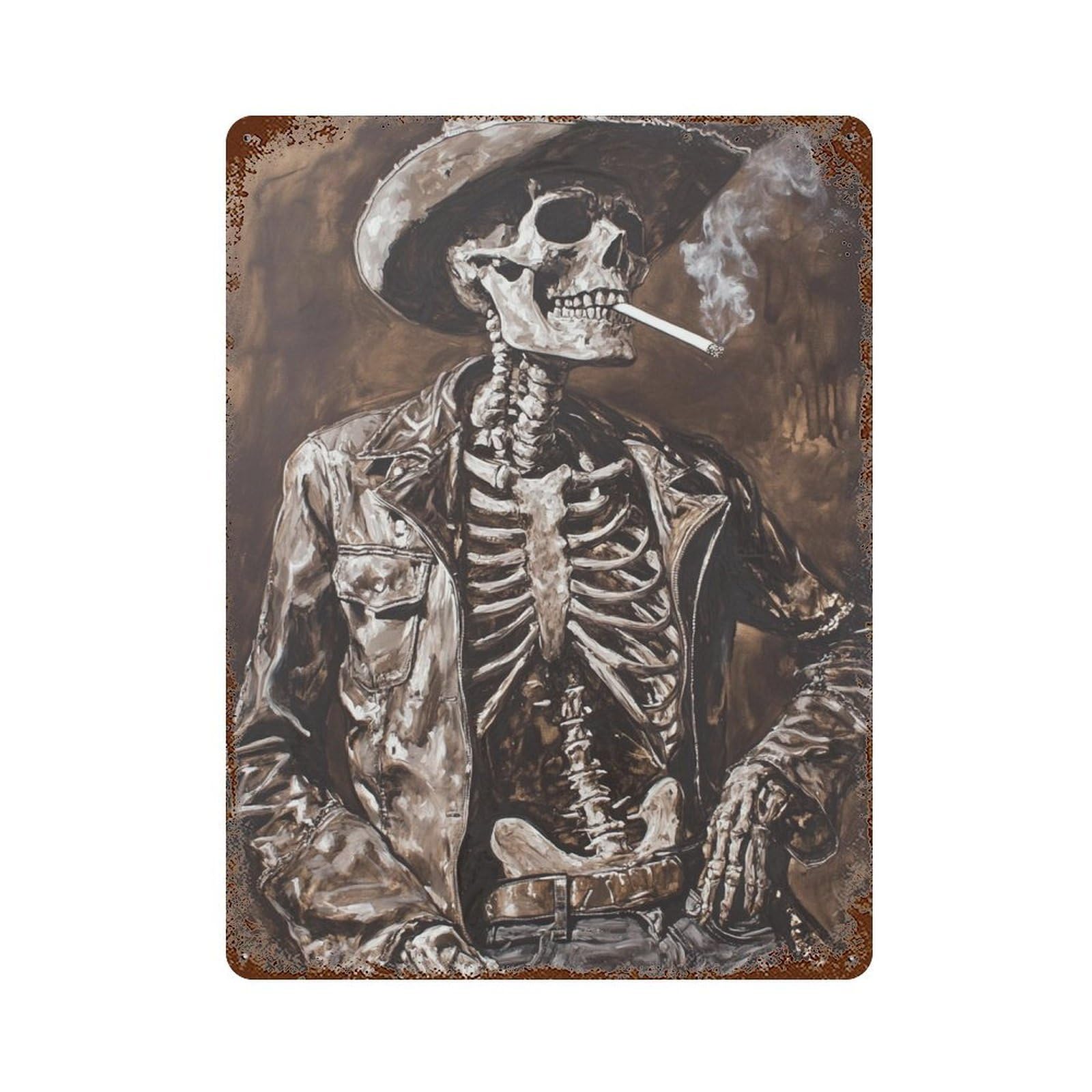 Western Skeleton Smoking -2 Rustic Tin Plaque 15.7"x11.8", Industrial Home Decor for Pub, Kitchen And Man Cave Decor
