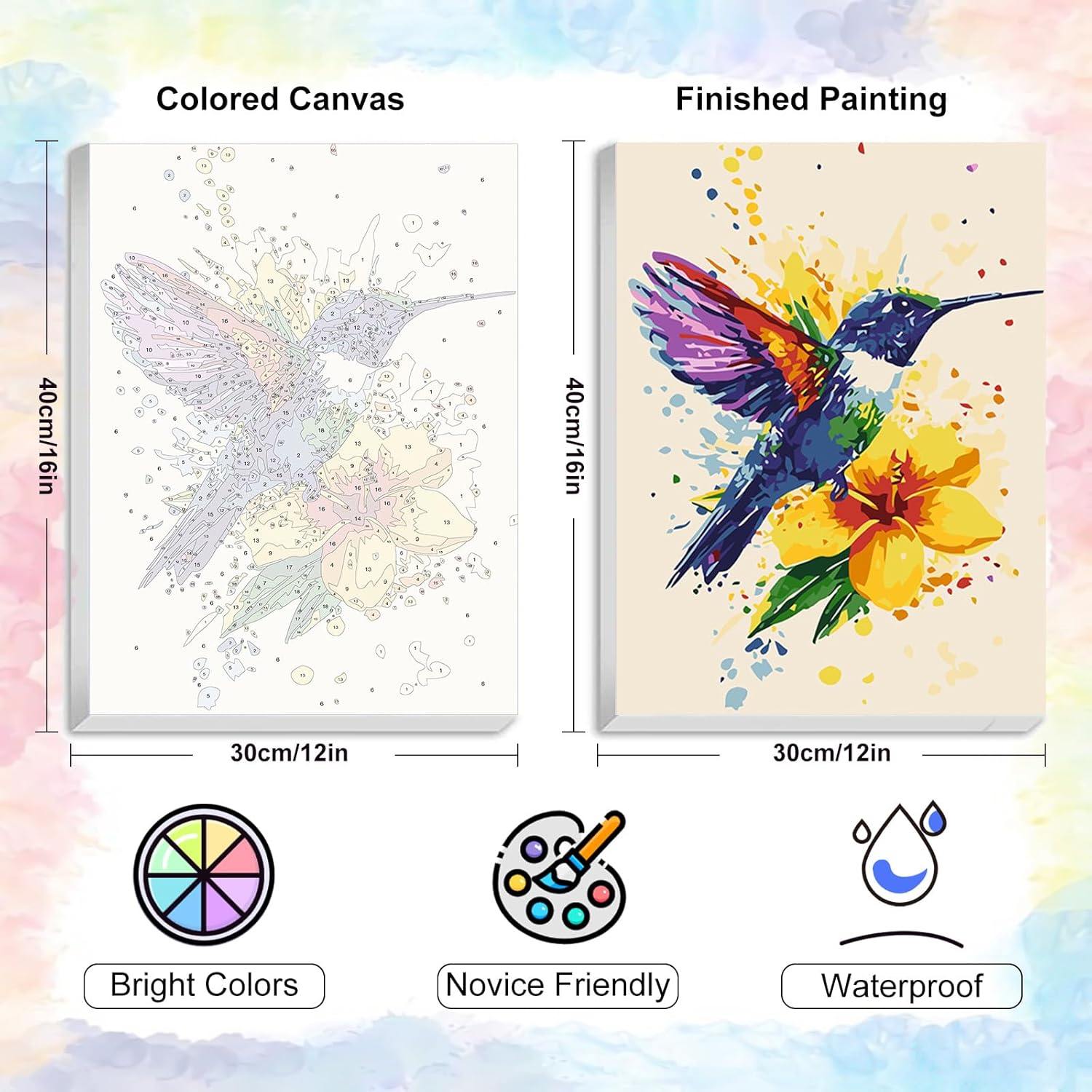 Yezavesu Framed Paint by Numbers Kit for Adults Beginner, 12x16 Inch Hummingbird Paint by Numbers with Frame, DIY Watercolor Number Painting for Adults Hummingbird for Home Wall Decor Gift