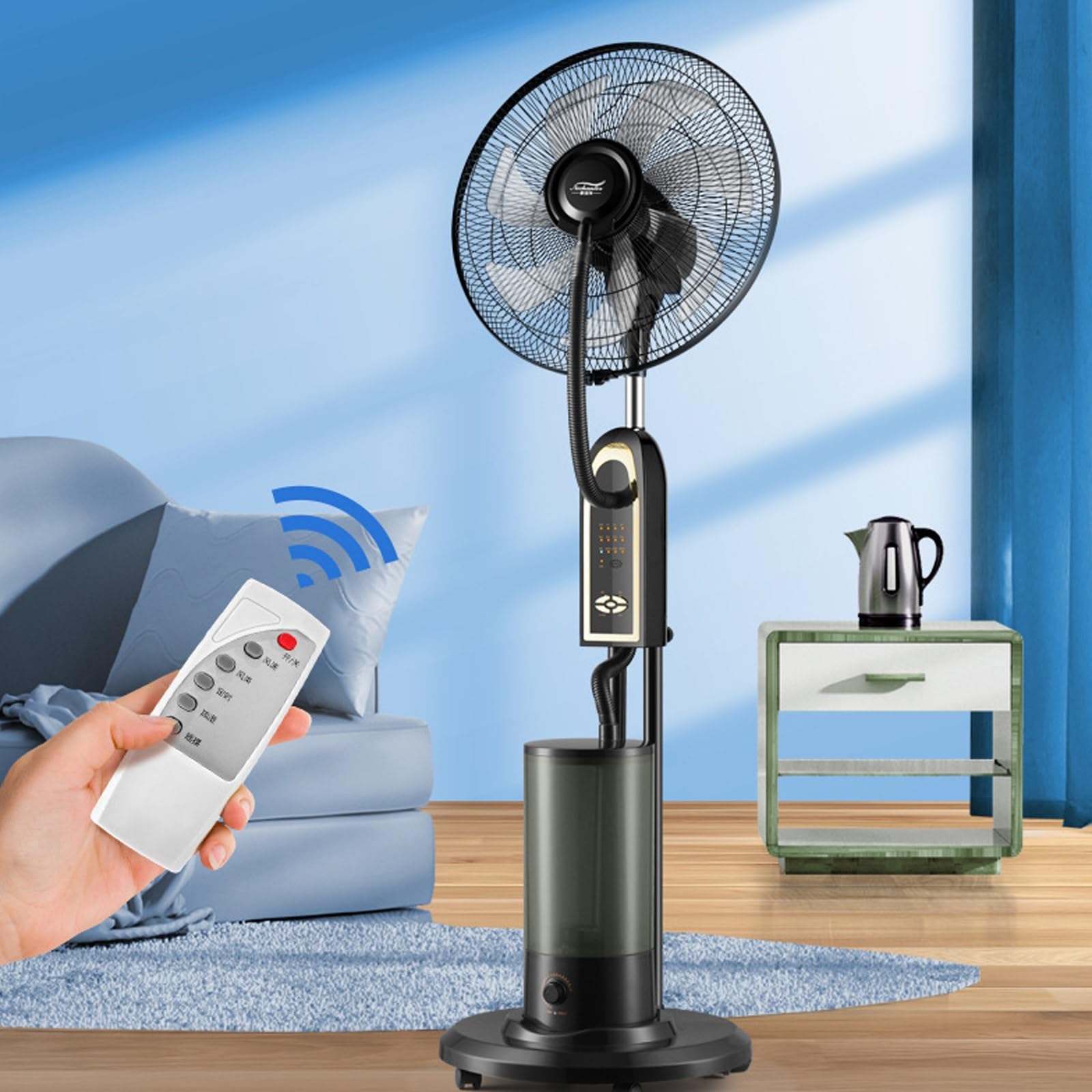 Nebulizador Terraza Ventilador de Pie con Agua 4L Refresca y Humidifica con Control Remoto Vaporizador 3 Velocidades de Viento for Patio, Restaurante Exterior