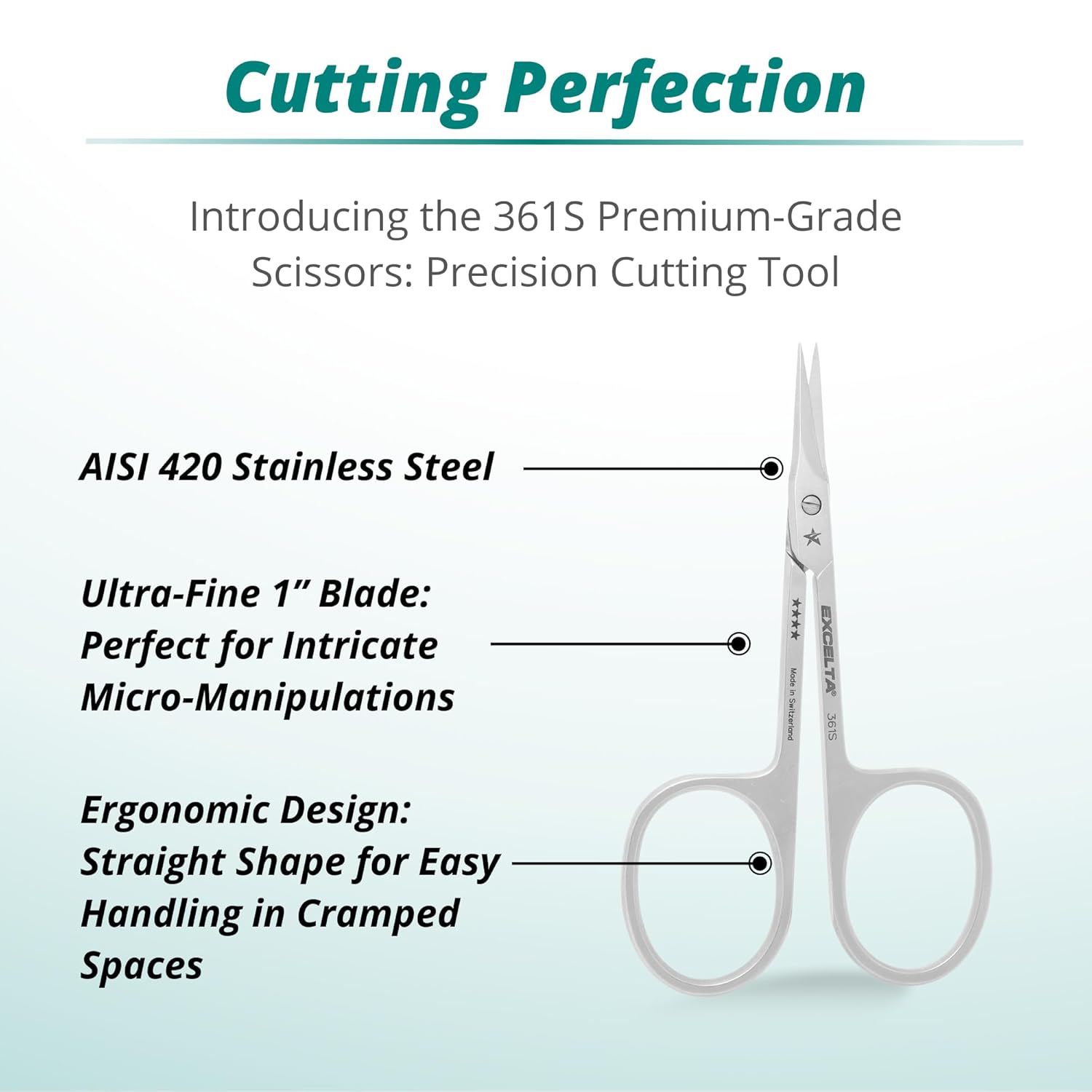 Excelta 361S Premium-Grade Stainless Steel Scissors, Straight Blade, 1 Inch Blade Length, Ideal for Intricate Work in Confined Spaces, Made in Italy, Superior