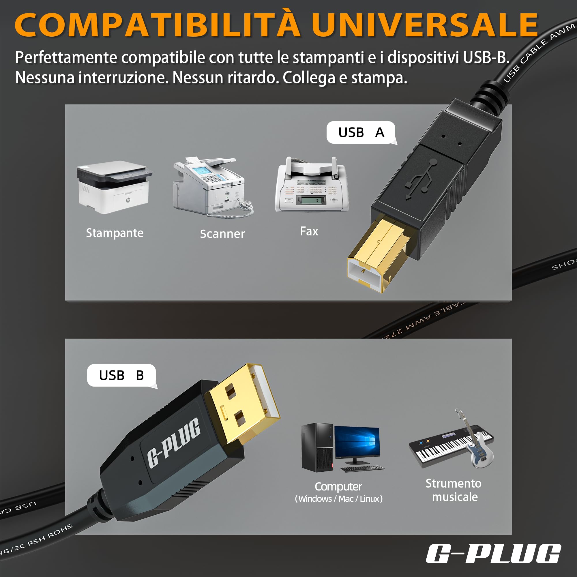 Cavo Stampante USB 2.0 G-PLUG 2m Nero Alta Velocità