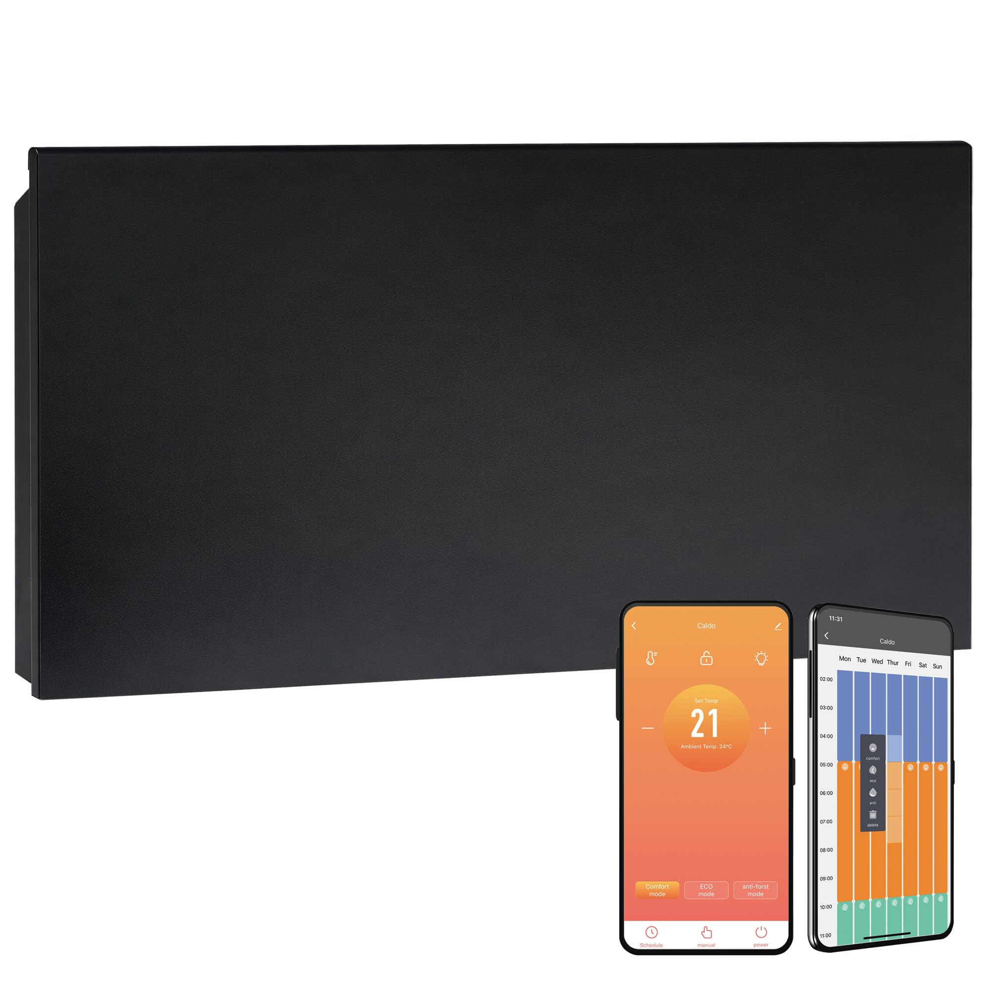 Lyndo WiFi Electric Panel Heater/Convector Radiatot, Wall Mounted, Splash Proof, With Timer, Thermostat, Voice Control, Modern (Black, 2000W)