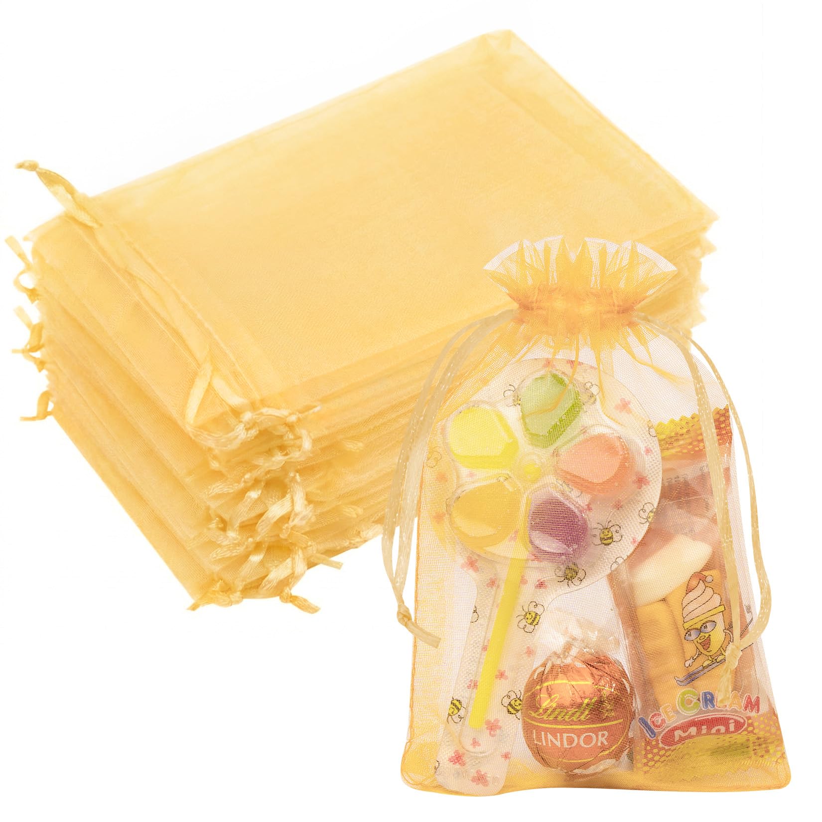 50PCS Gold Organza Bags 4x6, Small Mesh Gift Bags Drawstring Pouch for Candy Jewelry Treats Goodie Sachet Soap Birthday Party Favor Wedding Baby Shower Halloween Christmas, Gifts Wrapping
