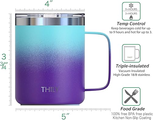 Miniatura 9 de THILY Taza de café aislada de acero inoxidable de 12 onzas con asa, tapa a prueba de derrames, mantiene el café frío o caliente, lindo regalo de