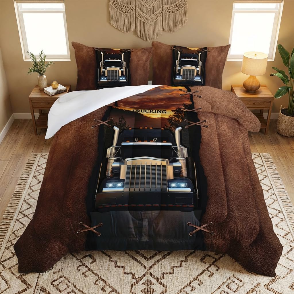 AILONEN Trucks Pattern Comforter Set Full Size, Brown Truck and The Forest at Dusk Patterns Bedding Set for Kids Boys Girls Teens Bedroom,3 Pieces,1 Quilt and 2 Pillowcases,Soft,Breathable