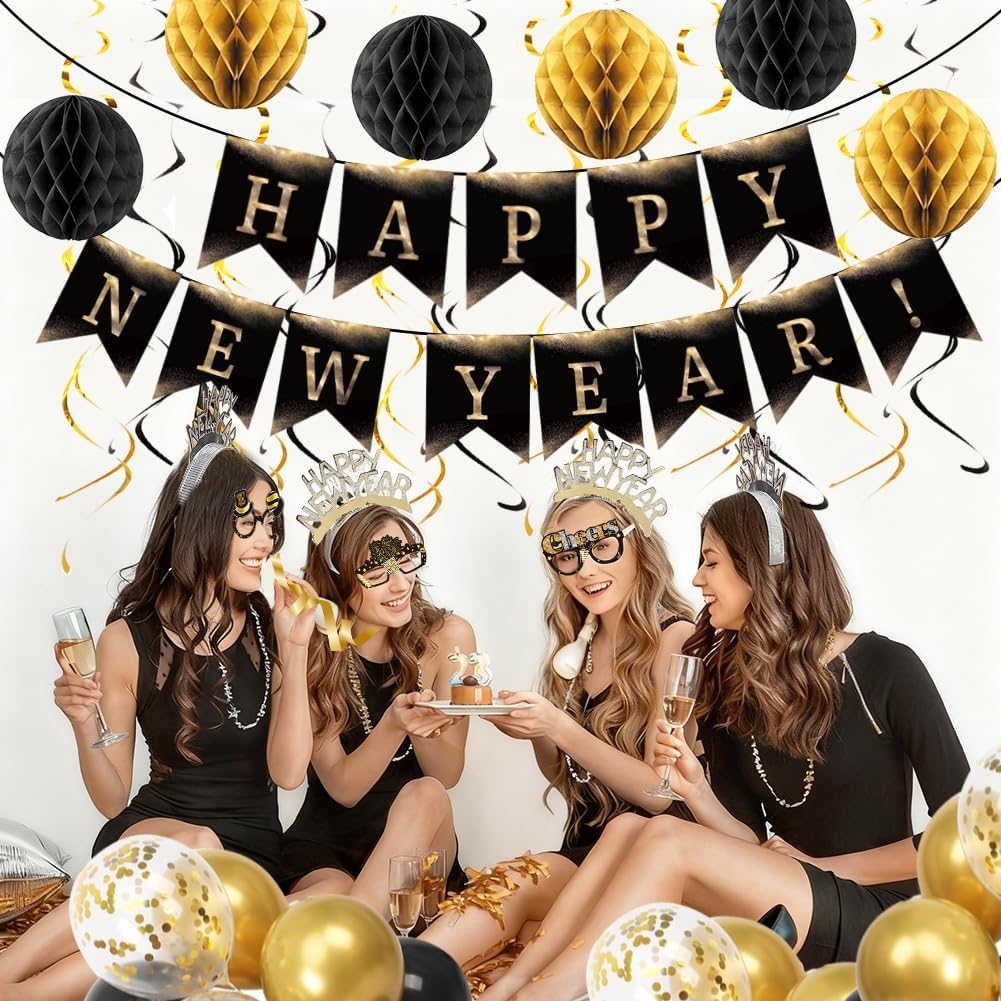 Happy New Year Eve Party Supplies 2026– Complete New Years Decorations Set with Happy New Year Banner, Black & Gold Triangle Flag, Headbands, Hanging Swirls, Honeycomb Balls & Balloons - Image 4
