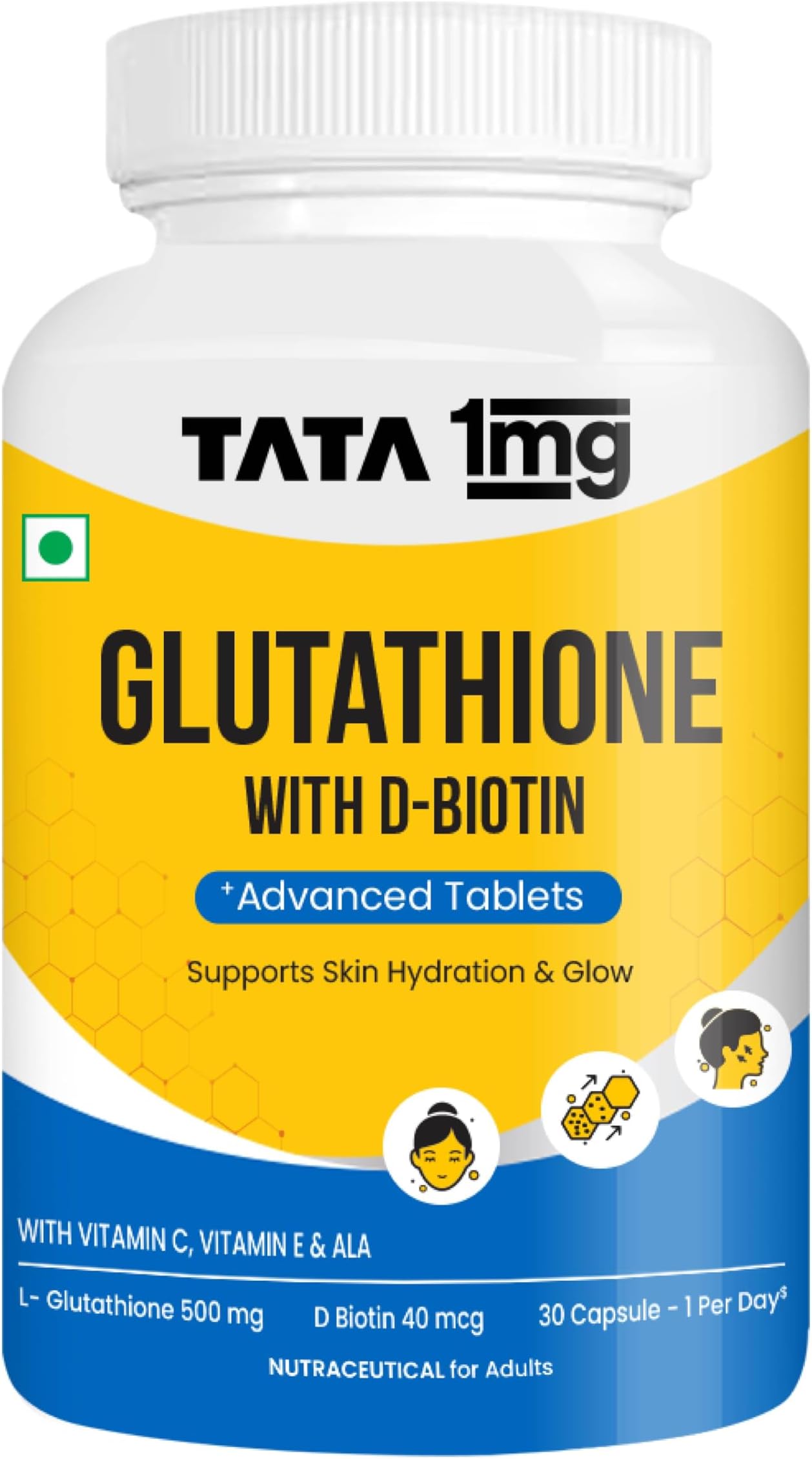 1MG Tata Glutathione Advanced Capsule with Vitamin C,E, Biotin & Grape Seed Extract,For Skin Glow,Hydration & Radiance, Pack of 30 Tablets