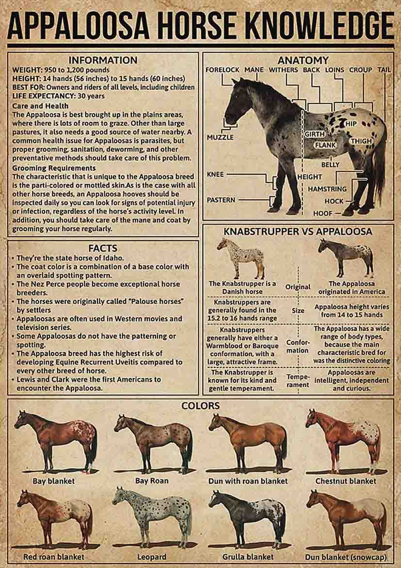 ARA STEP Vintage Knowledge Posters Animals Kitchen Wall Decor Prints UNFRAMED (297 x 420 mm / 11.7 x 16.5 inches, Appaloosa Horse Knowledge)