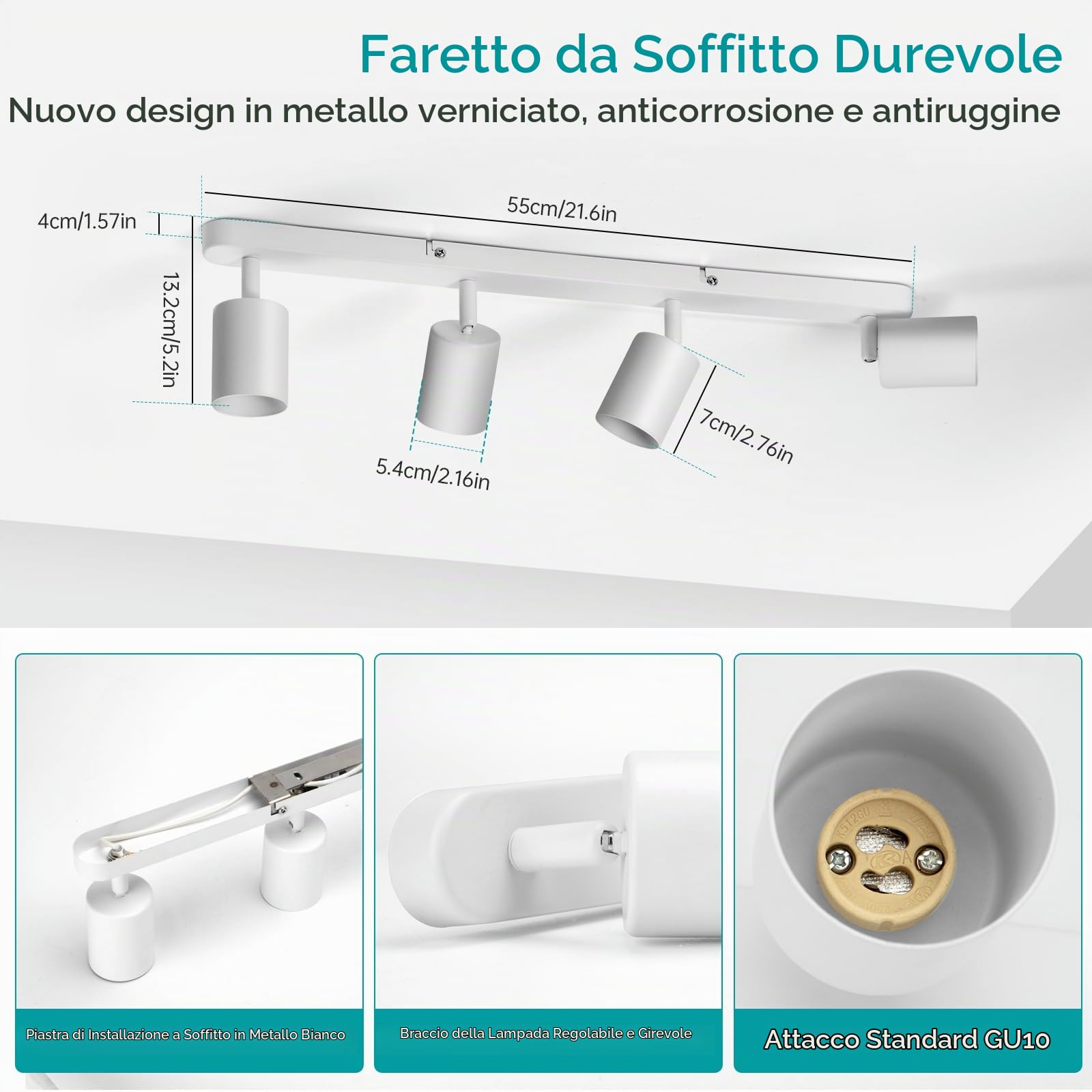 wowatt Faretti Soffitto Orientabili 4 Luci Gu10 LED Bianco Senza Lampadina | Lampadario Faretti Orientabili Interno Barra Plafoniera LED Soffitto Moderna per Soggiorno, Cucina, Corridoio, Salotto, Bagno
