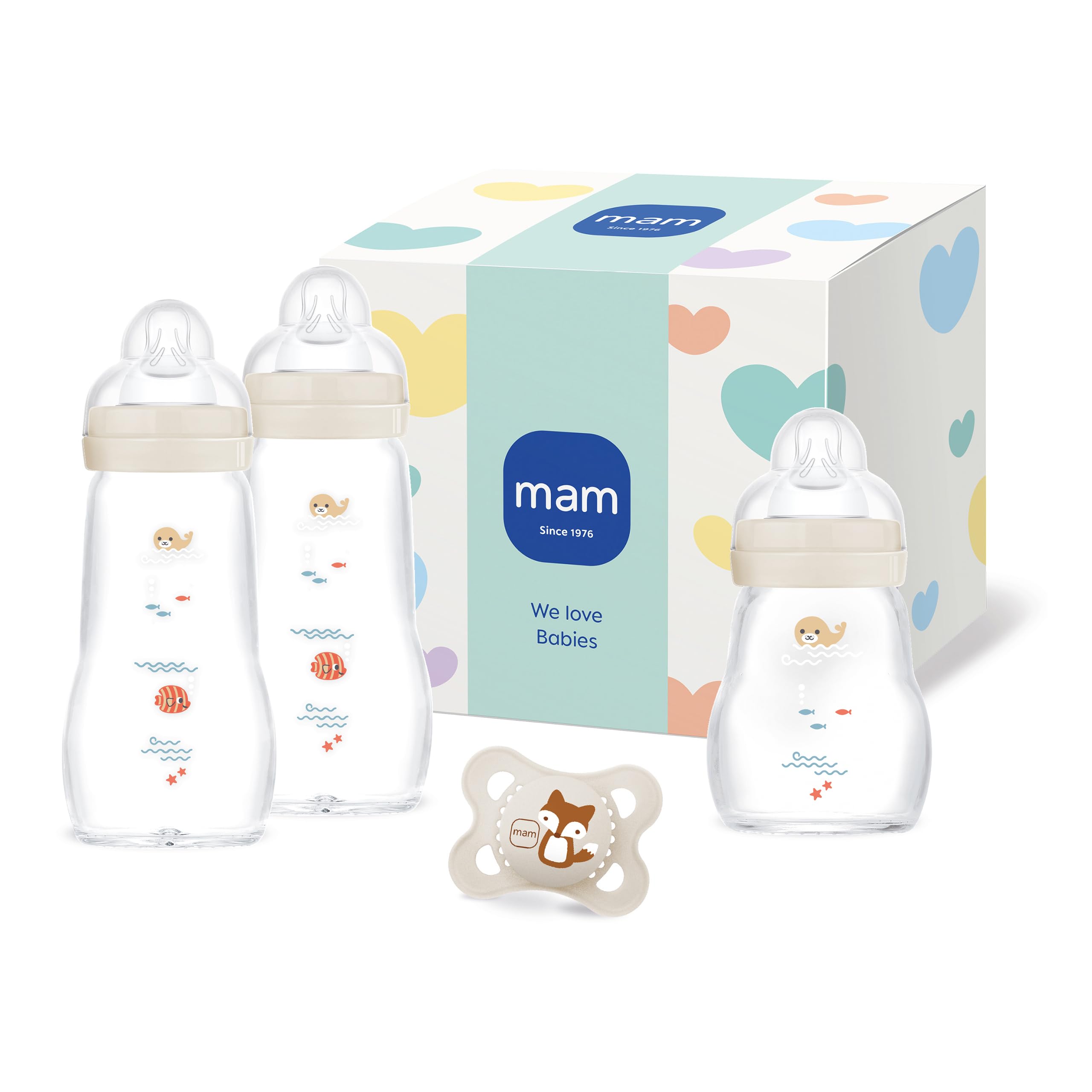 MAM Feel Good Glass Bottle Geschenk-Set | 0+ Mon | Babyflaschen-Set für Neugeborene | 94% Akzeptanz | stillfreundlich | hygienisch | 3 Glasflaschen & 1 MAM Original Schnuller | beige