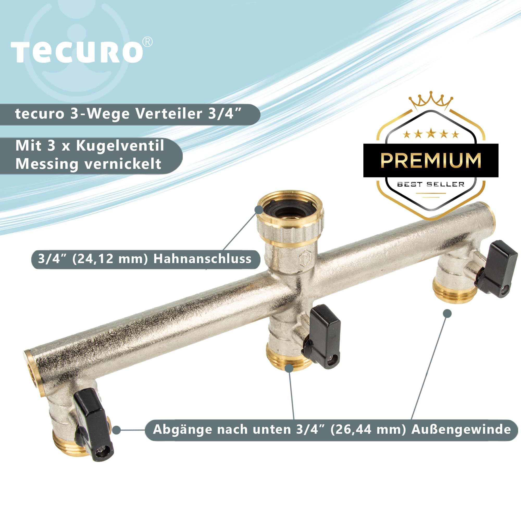 tecuro 3-Wege Verteiler 3/4 Zoll mit 3 x Kugelventil, für Zapfstelle, Messing vernickelt