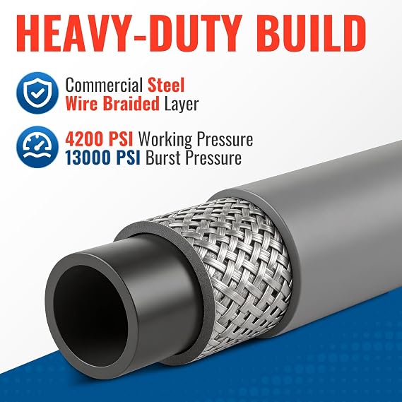 YAMATIC Pressure Washer Hose 100 FT, True 3/8ID,4200 PSI, 250F Hot Water, Steel Braided Non-Marking Gray Rubber Hose, Swivel 3/8 Quick Connect with M22 Adapters for Heavy-duty Gas Pressure Washers