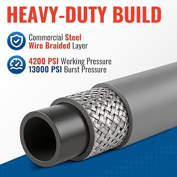 YAMATIC Pressure Washer Hose 100 FT, True 3/8ID,4200 PSI, 250F Hot Water, Steel Braided Non-Marking Gray Rubber Hose, Swivel 3/8 Quick Connect with M22 Adapters for Heavy-duty Gas Pressure Washers
