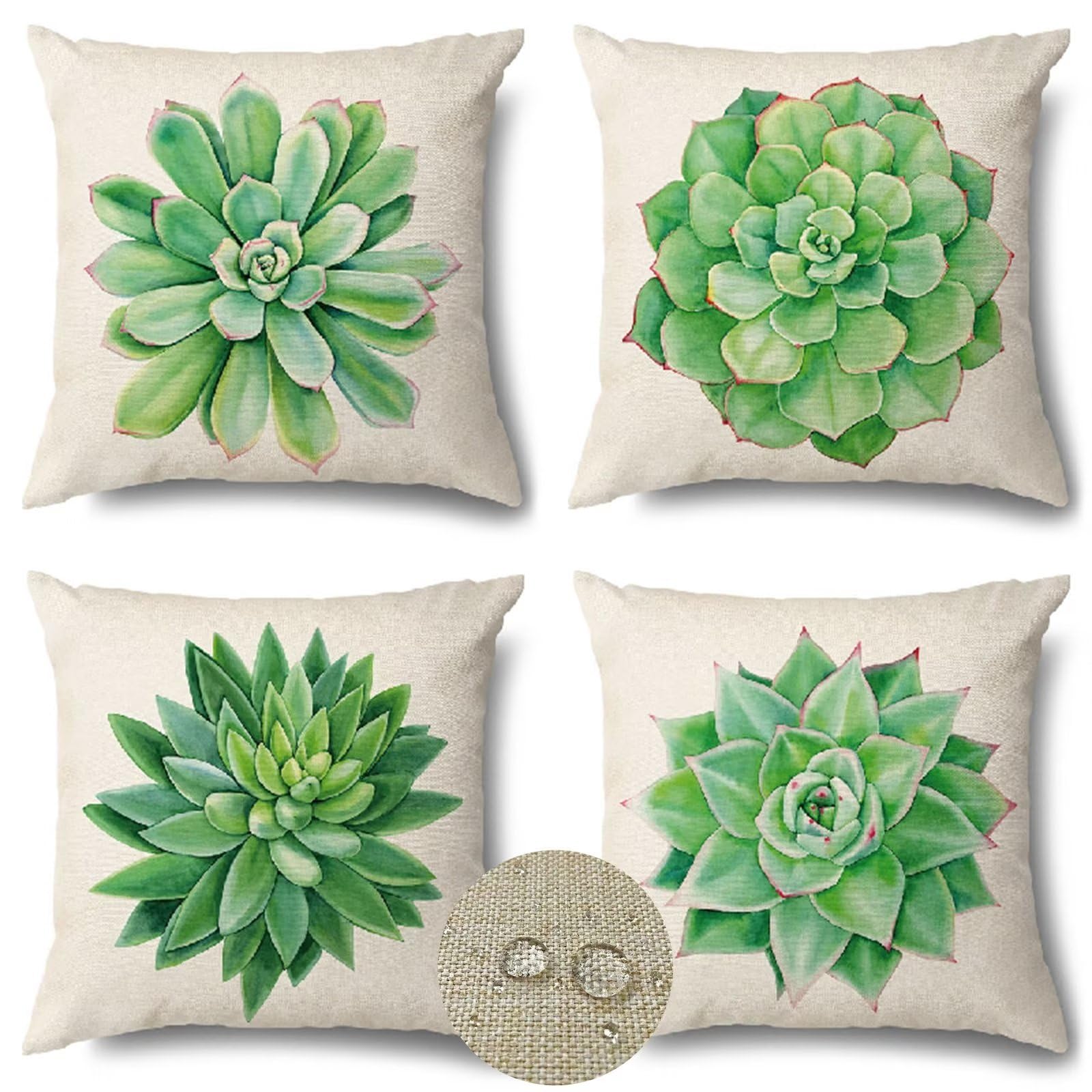 Verde Fundas Cojines Sofa 80x80cm Doble Cara Lino Verano Impermeable Funda Cojin Plantas Suculentas Exterior Almohada Cojines Decorativos para Cama Sala Estar Fundas de Cojín Juego de 4 R-7440
