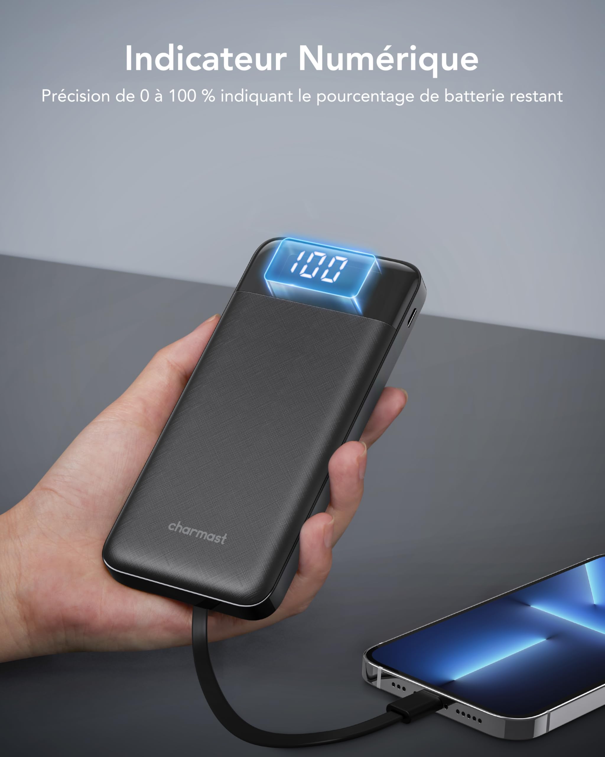 Charmast Batterie Externe, 10000mAh Power Bank avec 4 Câbles Intégrés, USB C Mince Batterie Portable Compatible avec iPhone 17/16/15, AirPods, iPad, Samsung etc
