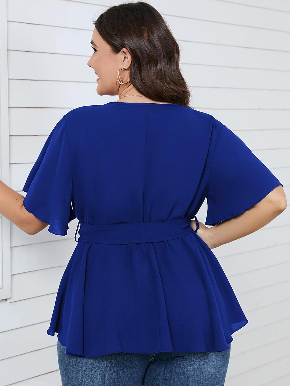 SCOMCHIC Women's Plus Size Short Sleeve V Neck Wrap Belted Ruffle Peplum Blouse Tops - Image 4