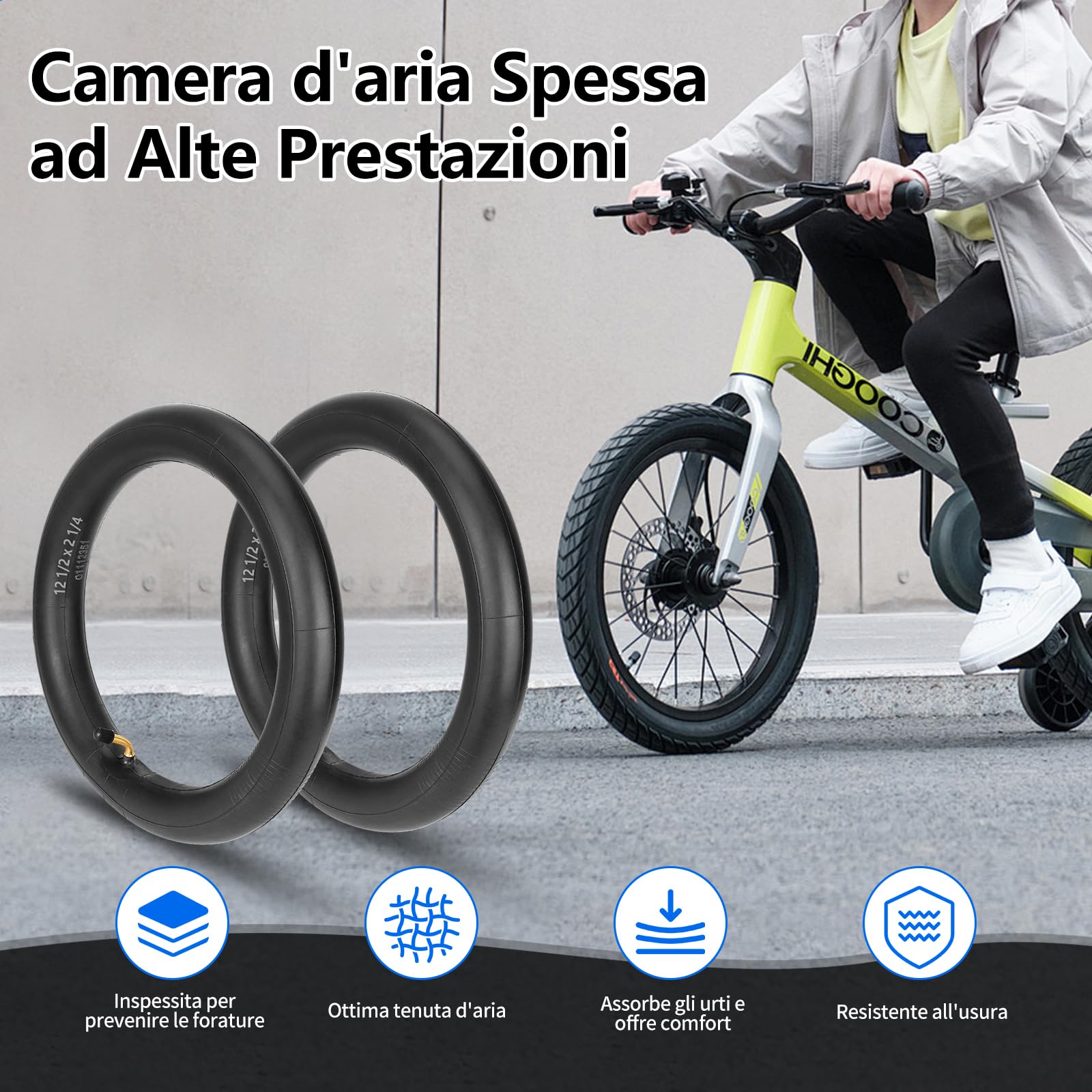 Camera d'Aria 12 Pollici 12 1/2 x 2 1/4 57-203 Doppio Spessore Valvola 45° – Per Passeggini, Bici Bambini, Balance Bike, Monopattini, Go-Kart a Pedali, Tricicli – Resistente & Versatile