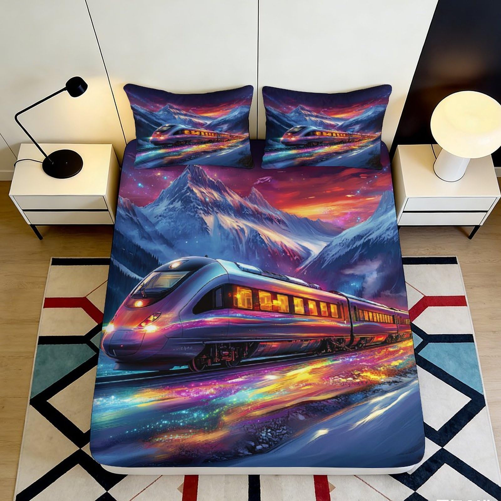 3D Printed Mountain Train Fitted Sheet Microfiber Soft Durable Evening Sky Bed Cover for Bedroom Dormitory Guest Room Mattress Protection 120x200x25cm