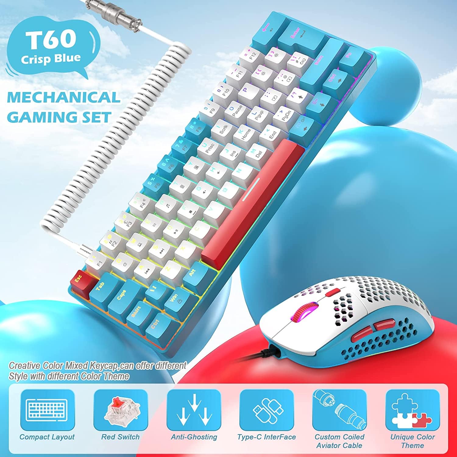 ZIYOU LANG T60 Teclado y Ratón para Juegos con Cable USB C en Espiral, UK Layout (QWERTY) Compact 60% Iluminado Teclado Mecánico Linear Rojo Switch-6400dpi RGB Mouse para PC Mac - Azul