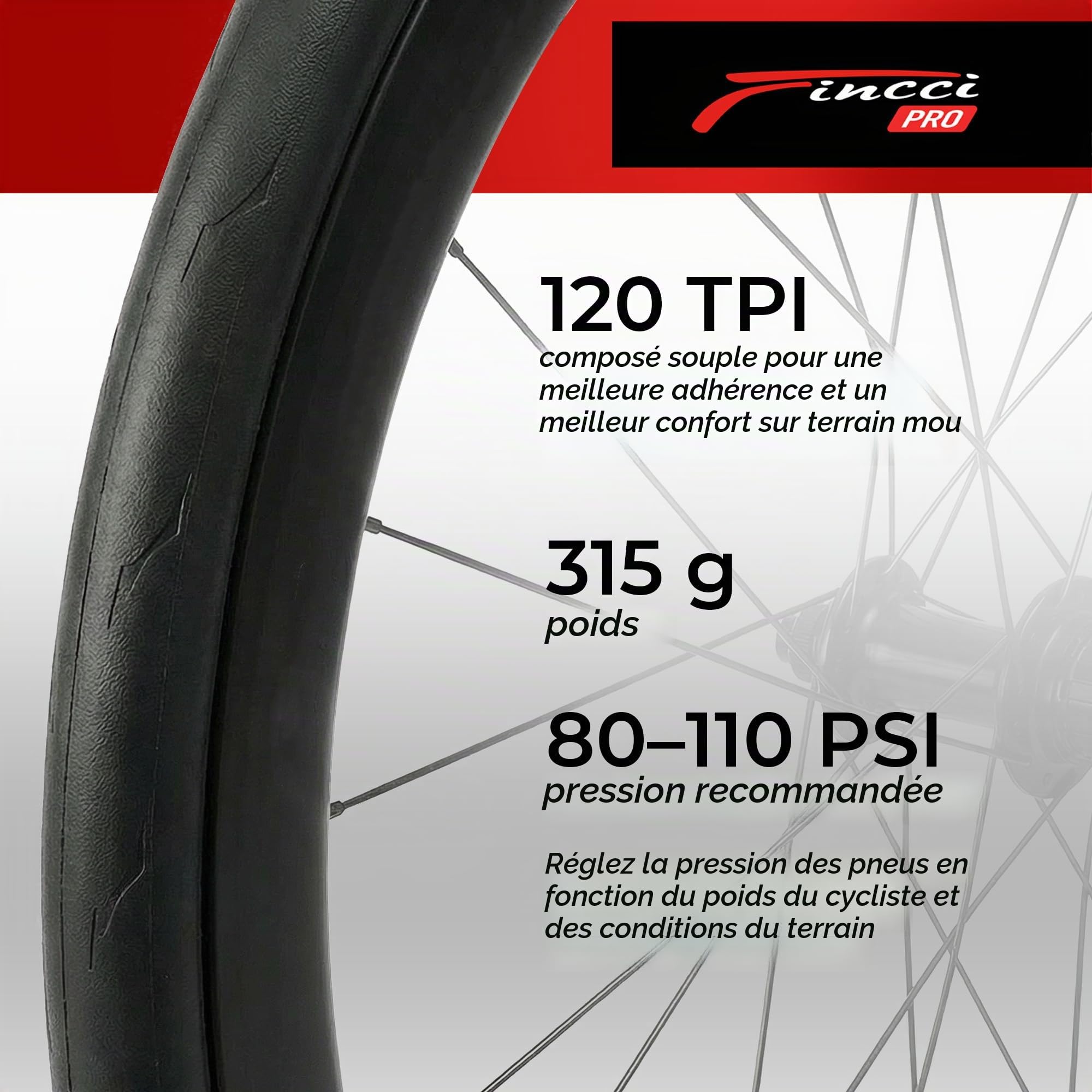 Fincci Pneu 700x28c 28-622 Tubeless Pliable 120 TPI avec Protection Aramid