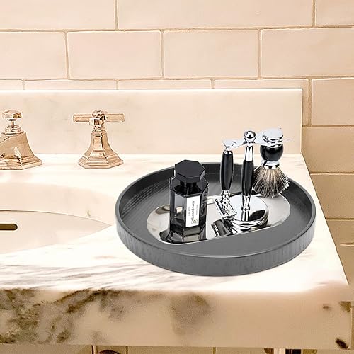 Miniatura 5 de Jerliflyer Bandeja de servicio redonda negra, bandeja otomana de nogal de gran tamaño para sala de estar para desayuno en la cama, decoración de