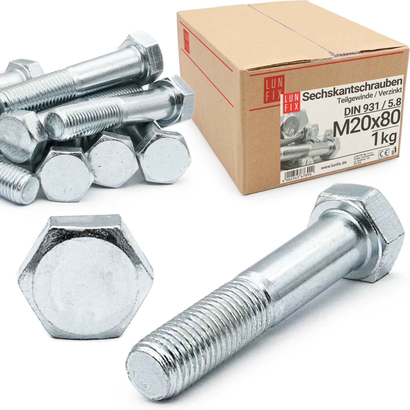 Sechskantschrauben M20 x 80 1 kg (ca.4 Stk.) DIN 931 Teilgewinde, Klasse 5.8,verzinkter Stahl Gewindeschrauben mit sechseckigem Kopf,6 Kant Maschinenschrauben mit Schaft,Teilgewindebolzen