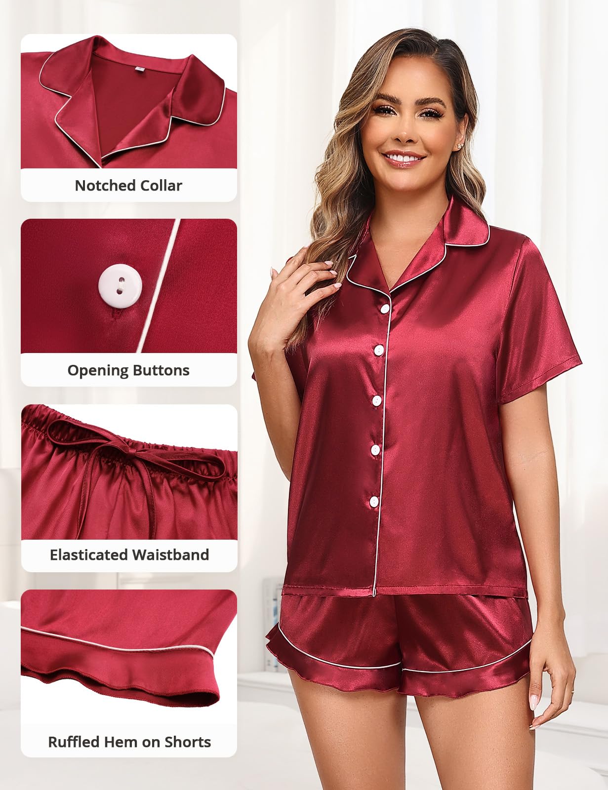 Niwicee Ensemble Pyjama Femme Satin Short Pyjama Court d'Été Col V Revers 100% Polyester Confortable Vêtements de Nuit Femme 2 Pièces Pyjama Set
