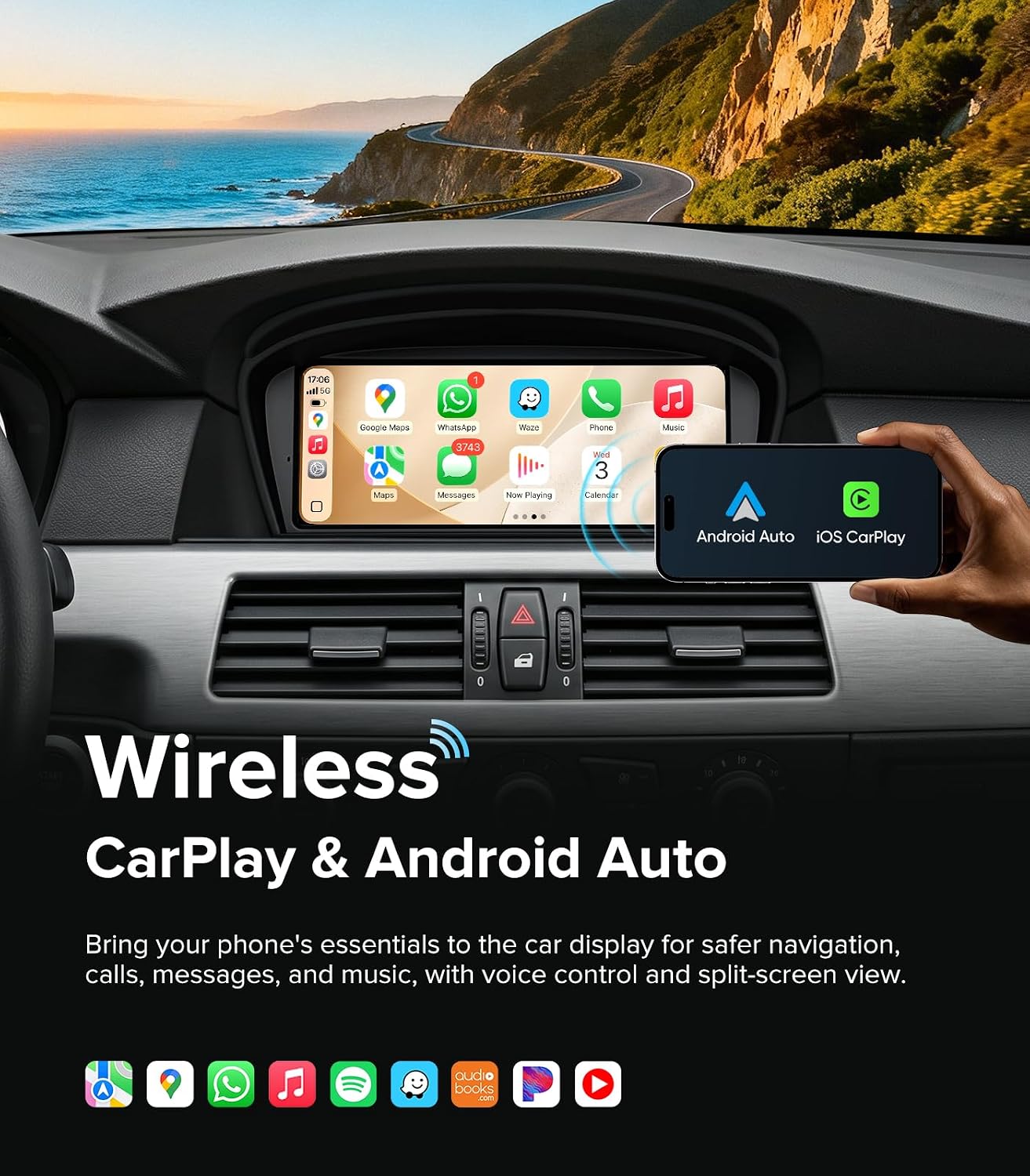9.3" Linux Car Stereo for BMW 5 Series E60 E61 6 Series E63/E64 (2005-2008) CCC System -Wireless CarPlay Android Auto Radio Upgrade, Ultra HD 1600x600,Retains iDrive Knob