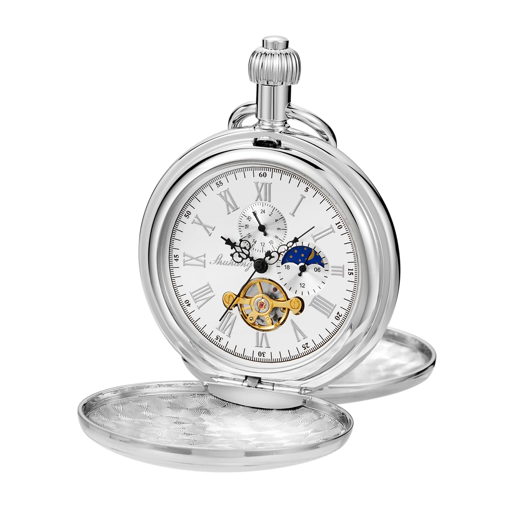 Reloj de bolsillo mecánico para hombre con cadena, estilo vintage, de cobre completo, cuerda manual de segundos y 24 horas, subesferas para hombre con caja, MW155-plata