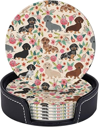 Posavasos con estampado de perro salchicha, 6 posavasos de cuero con soporte, posavasos para bebidas calientes o frías
