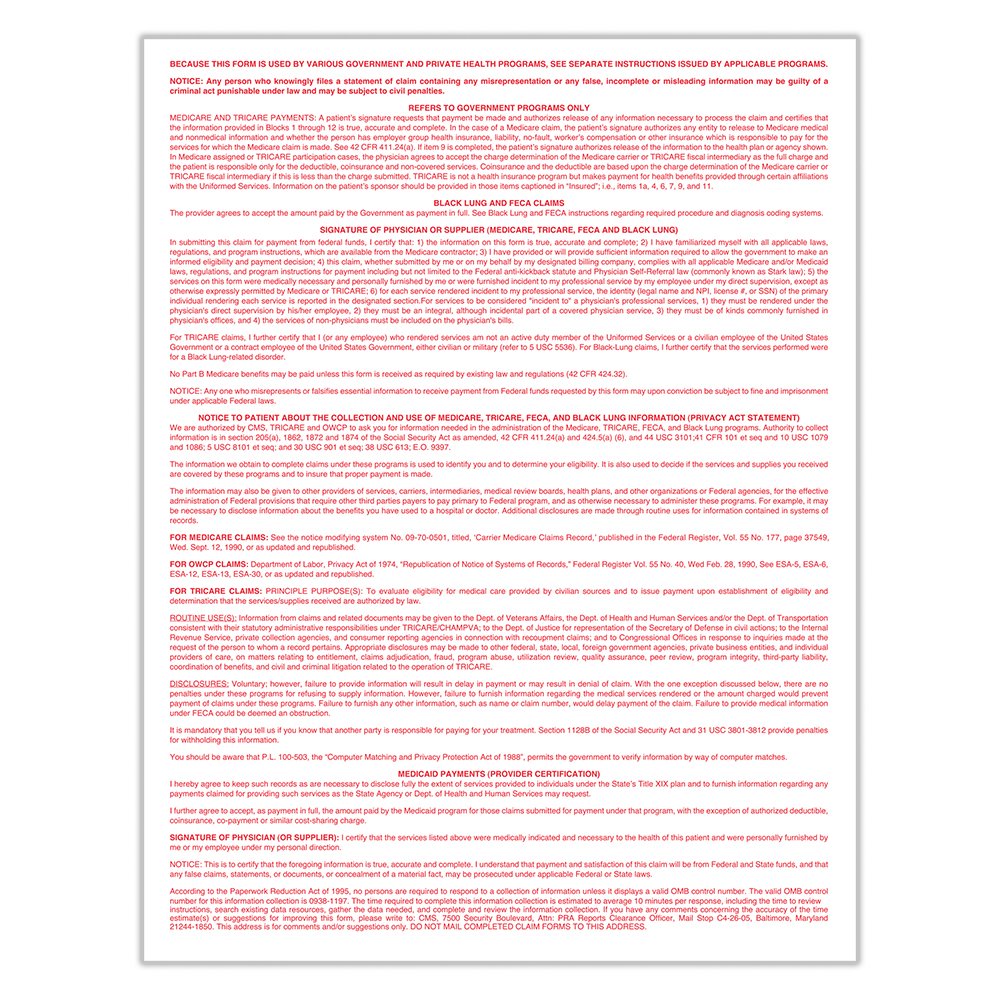 ComplyRight CMS 1500 Healthcare Billing Form - 02/12, Laser, 250-Count (CMS12LC250)