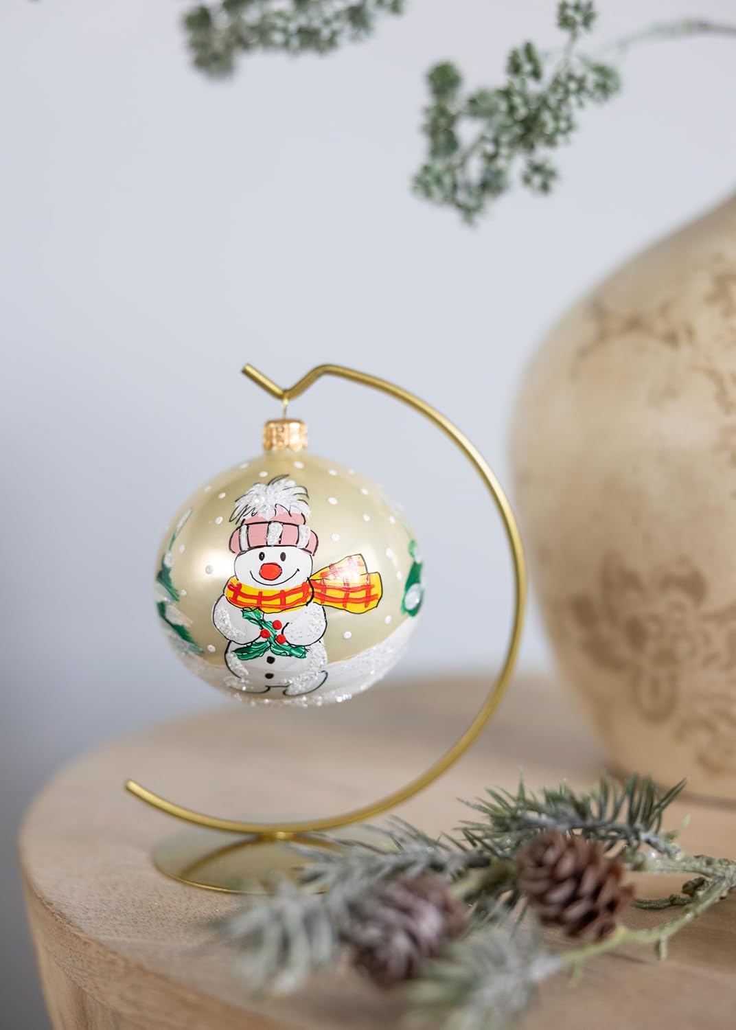 Snowman with Mistletoe Christmas Ornament Blown Glass Ball 3-inch (80mm) Vanilla Gold