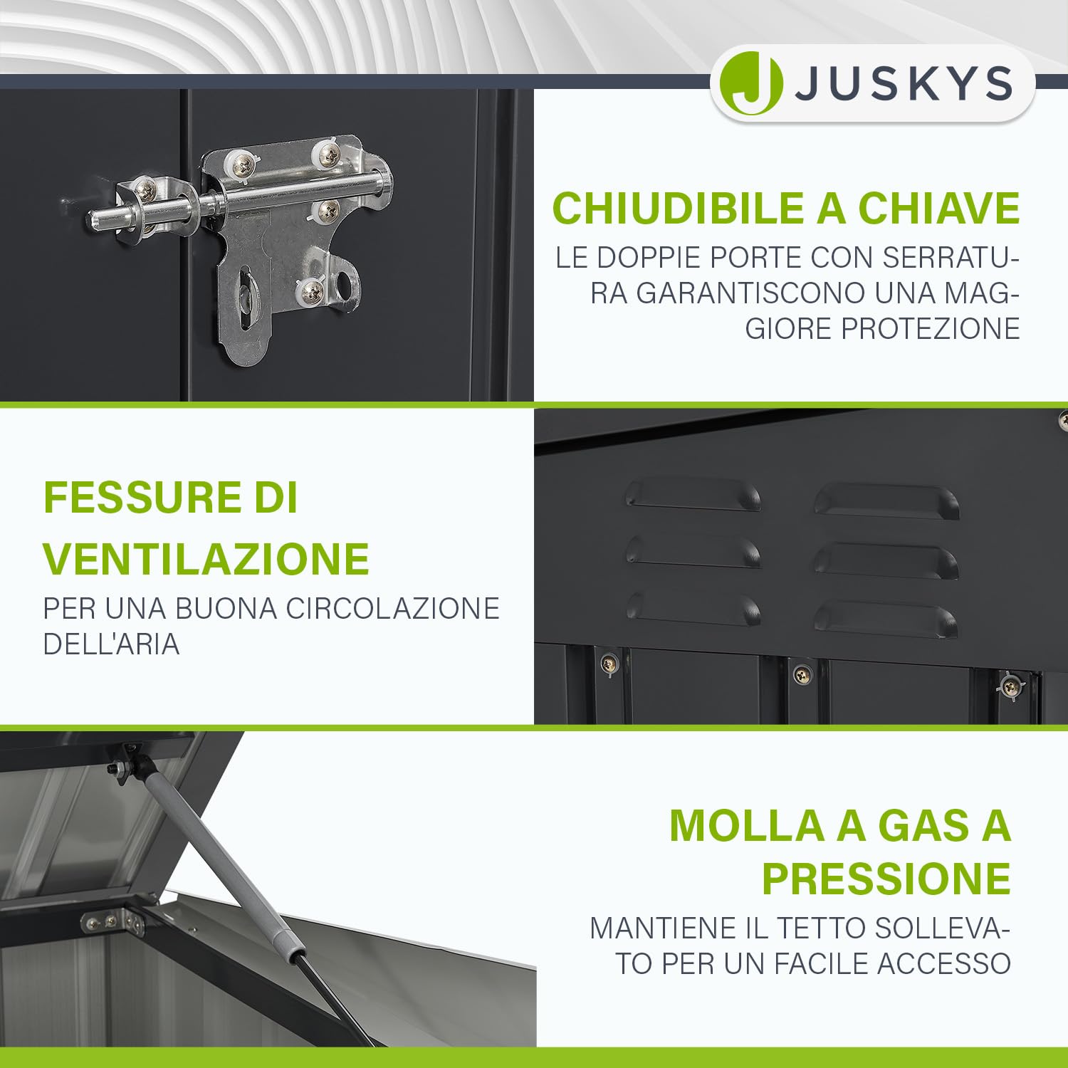 Juskys Contenitore per bidoni dei rifiuti da 3 pezzi Namur 3 bidoni da 120 litri - 2m² - 2 porte - Rivestimento contenitore rifiuti metallico Cassonetti per rifiuti Casetta per bidoni Contenitore