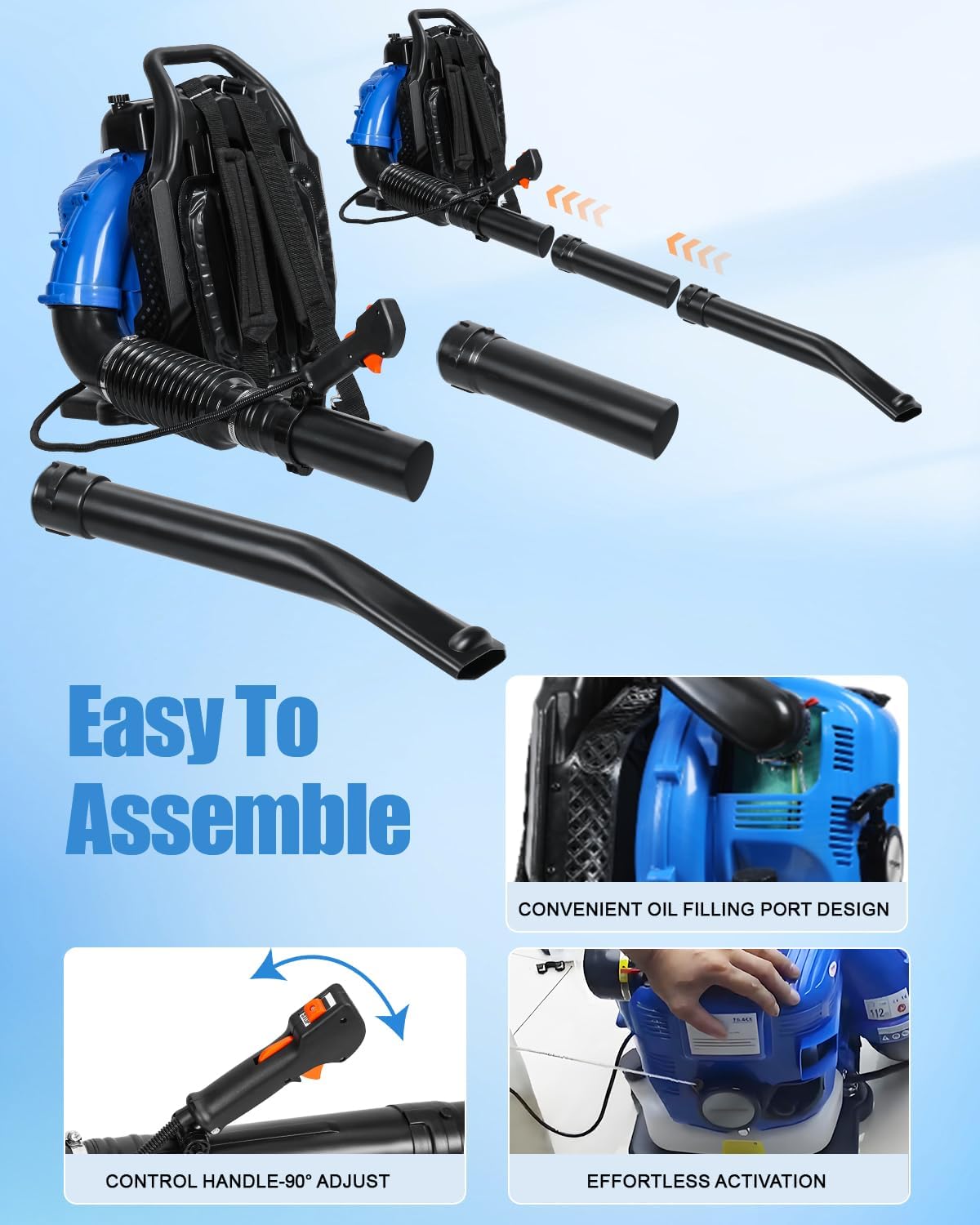 Backpack Leaf Blower Gas Powered, 75.6CC 4 Cycle Leaf Blower Gas Backpack Blower, 7500 CFM 205MPH Powerful Gas Blower for Lawn Care Yard Dust Debris Blue