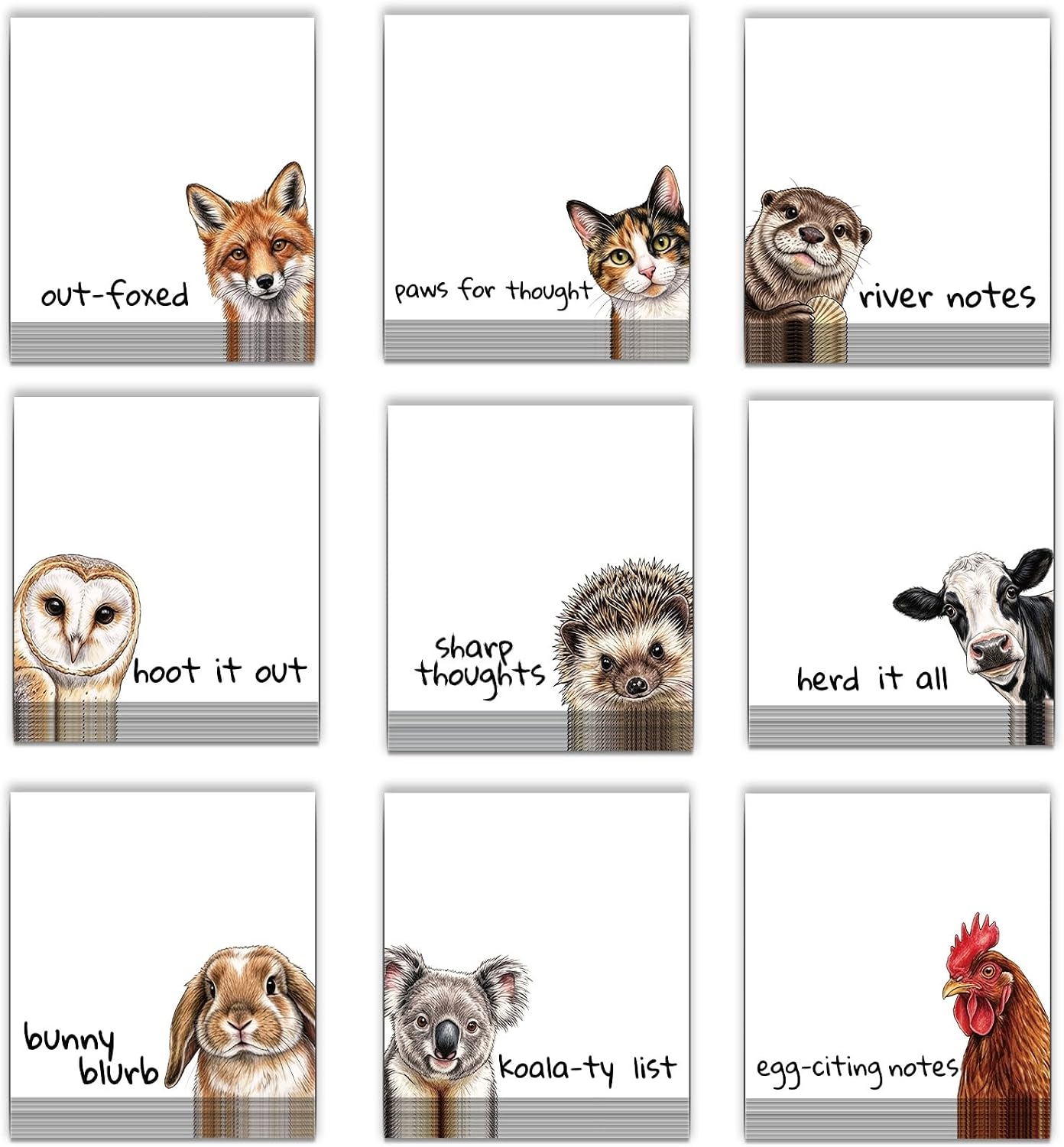 9 Pack Cute Sticky Note Pads with Funny Animal Puns, Realistic Hand-Drawn Style Stick Notepads for Office School Supplies, Self-Adhesive Memo Gifts for Teachers, Students, Work, Animal Lovers