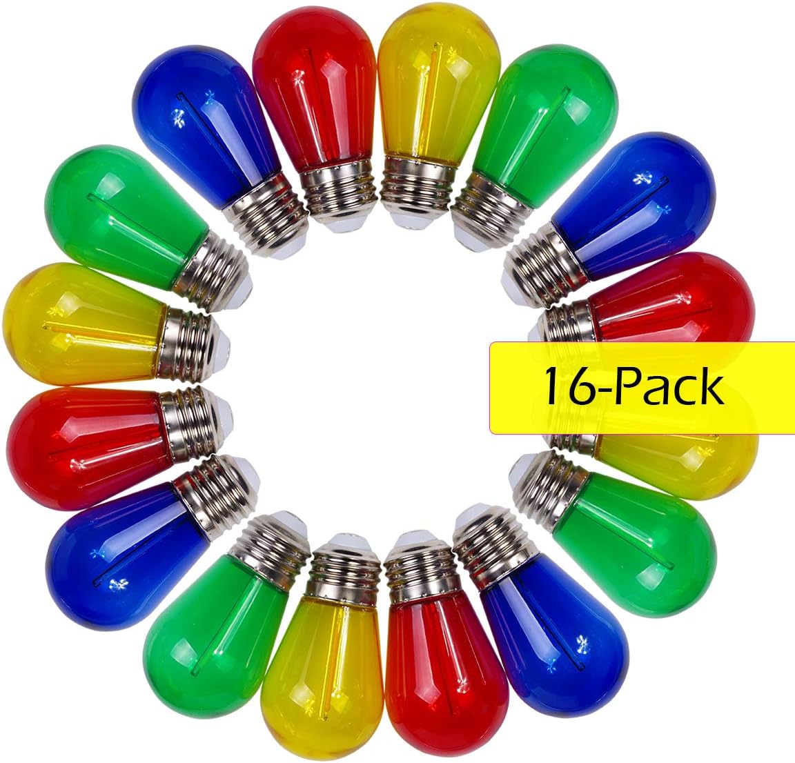 Jslinter Colored String LED Light Bulbs - 1 watt Plastic Outdoor Indoor S14 Bulbs for Christmas String Light Replacement - Shatterproof - E26 Base - 16Pack - Red/Blue/Yellow/Green