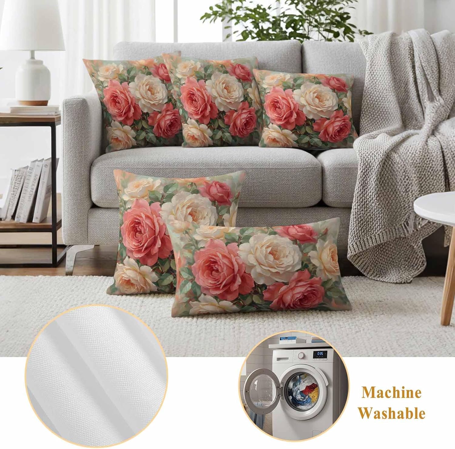 Pastoral Flowers Outdoor Waterproof Throw Pillow Covers 18x18 Set of 2, Vintage Roses Romantic Spring Floral Decorative Pillowcases Cushion Pillowcase for Couch Sofa Patio Outside Pillow Protector