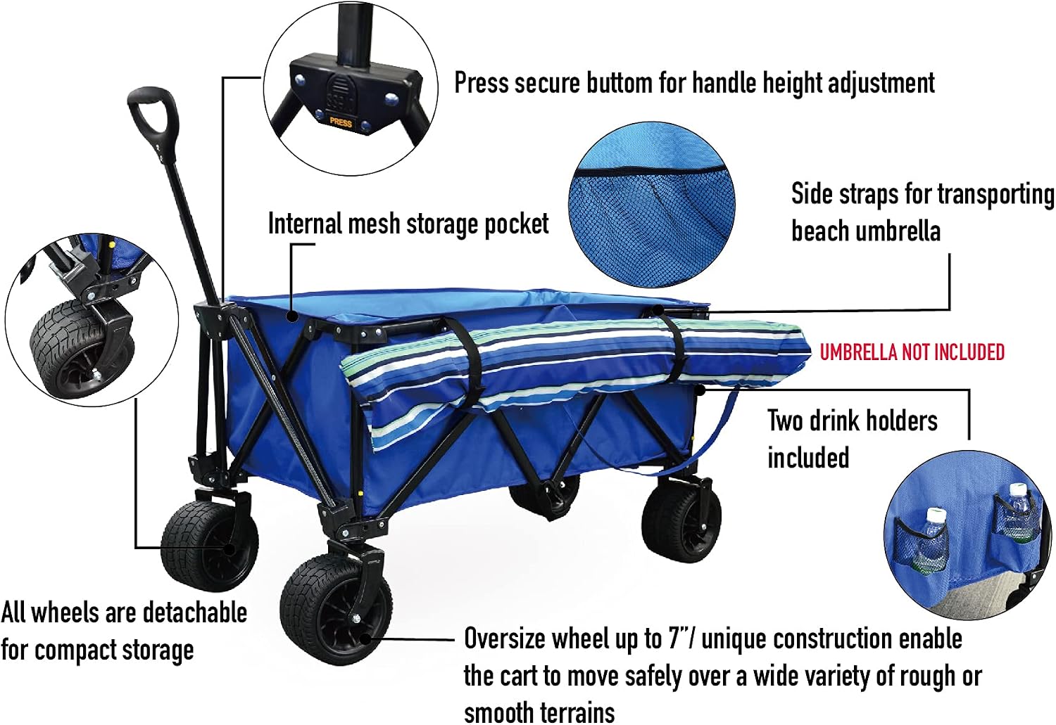 Camping Beach Garden Cart Heavy Duty Collapsible Folding Wagon Utility Outdoor Use with Wide 7" All-Terrain Wheels